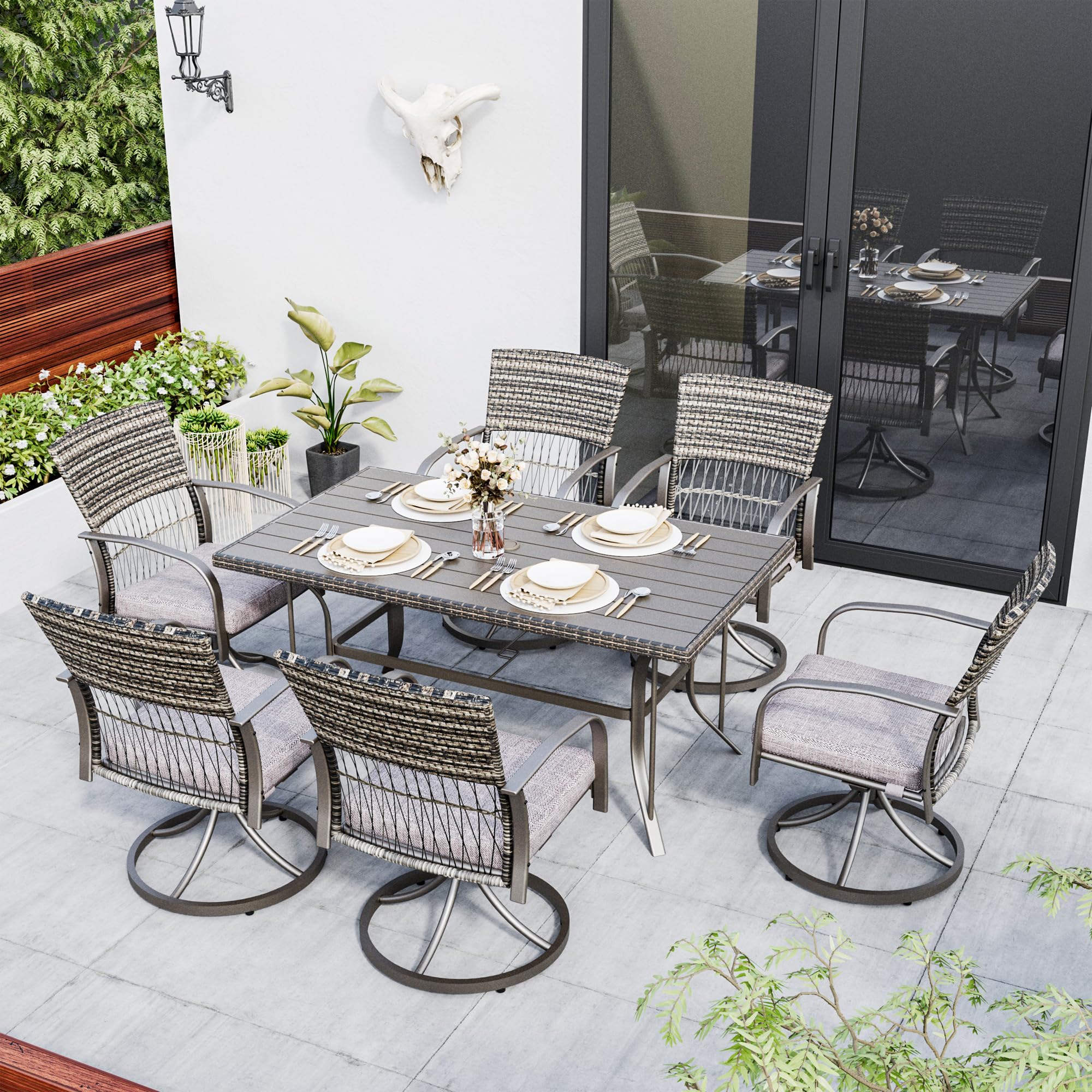 **Pamapic 7-Piece Outdoor Dining Set for 6 - Wicker Patio Furniture with Iron Table & Swivel Rocking Chairs - Includes 6 Removable Cushions (Gray) - Perfect for Backyard, Garden, Deck & Poolside Dining**