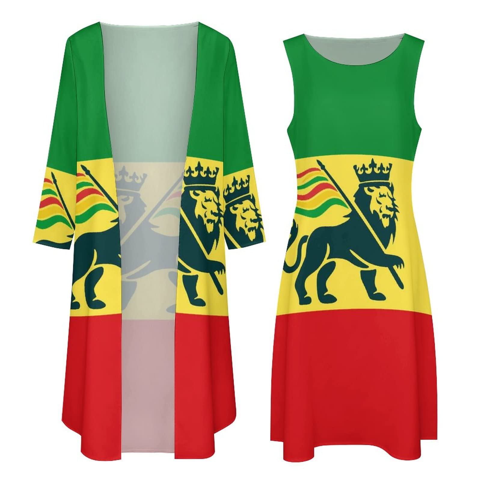 BAIKUTOUAN Ethiopian Rastafarian Lion Flag Women's 2-Piece Maxi Dress Set with Long Sleeves Cape Jacket - Elegant African Print Outfit for Party, Wedding Guest, Evening Prom & Cultural Events