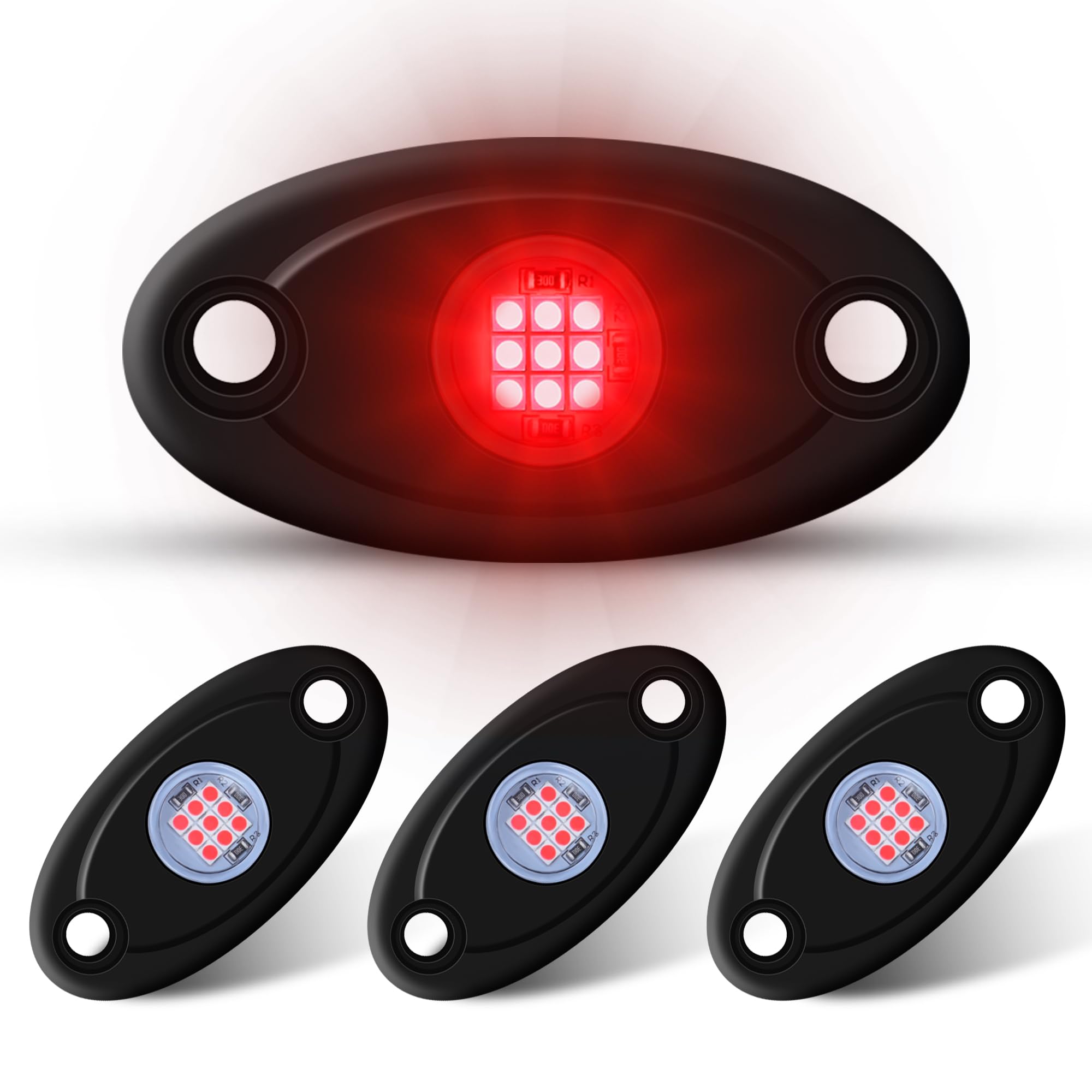 4Pods LED Rock Lights Kit - Waterproof Underbody Glow Lights for Cars, Trucks, ATV, UTV, SUV & Boats - Red Accent Lighting for Off-Road, Trail Rigs & Night Cruising