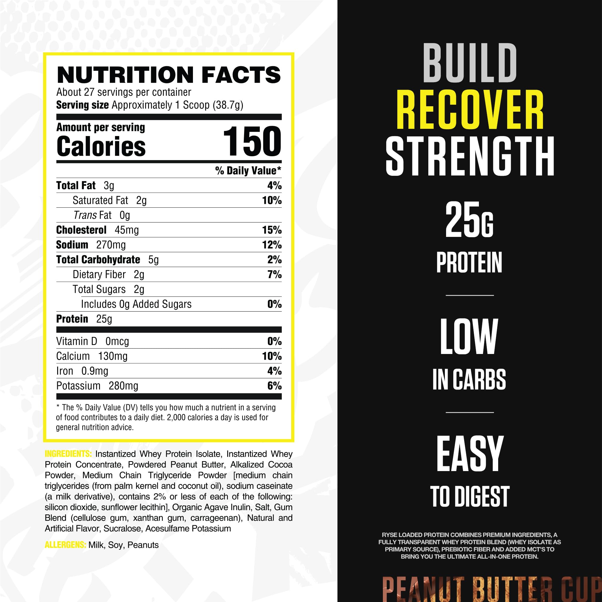 Ryse Loaded Protein Powder - 25g Whey Protein Isolate & Concentrate with Prebiotic Fiber & MCTs | Low Carb Low Sugar Protein Supplement for Muscle Recovery & Weight Loss | 27 Servings Peanut Butter Cup Flavor | Perfect for Post-Workout Shakes & Healthy Meal Replacement