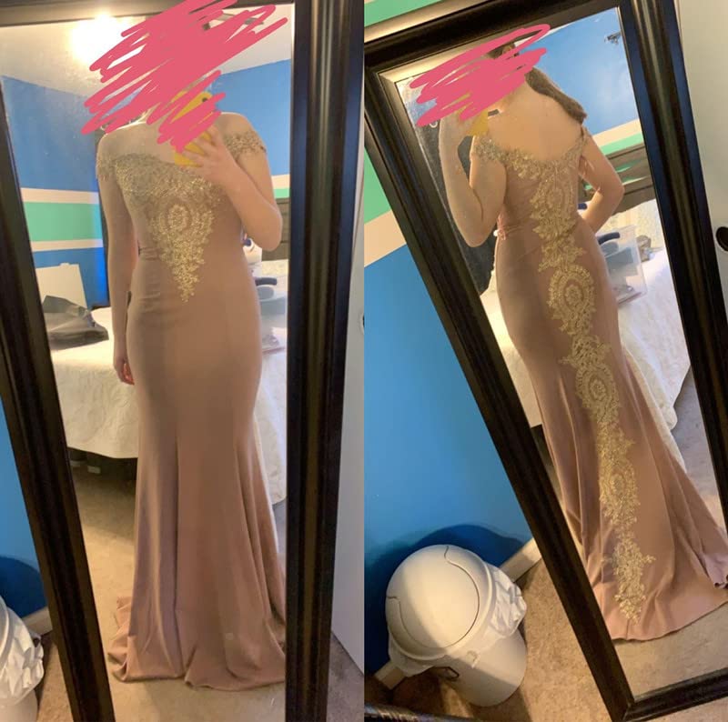 MisShow Long Gold Lace Applique Mermaid Prom Dress Off Shoulder Formal Evening Gowns - Elegant Ball Gown for Homecoming, Wedding, Party & Special Occasions