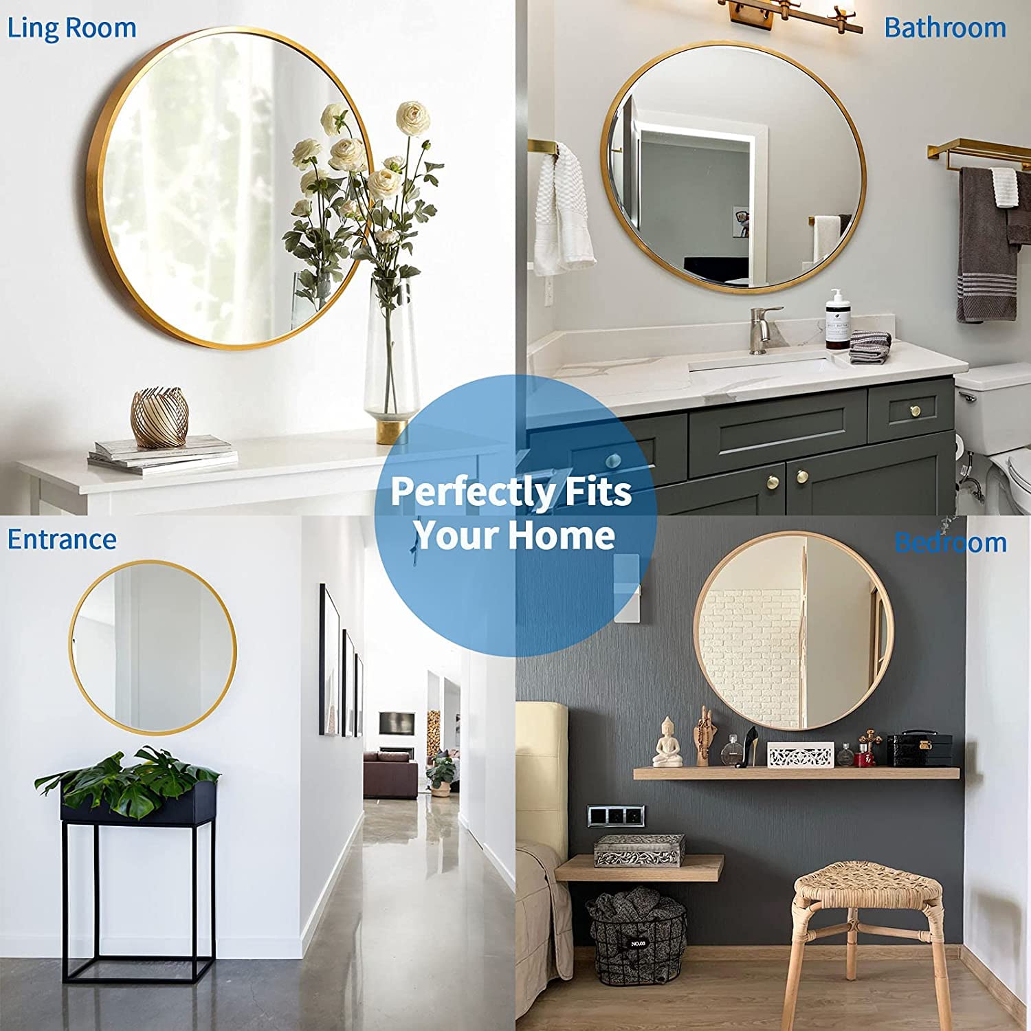42 Inch Large Round Wall Mirror - HD Gold Circle Mirror for Home Decor, Modern Metal Frame Circular Vanity Mirror - Perfect for Bathroom, Entryway, Hallway & Over Sink - Easy to Install & Stylish Accent Piece