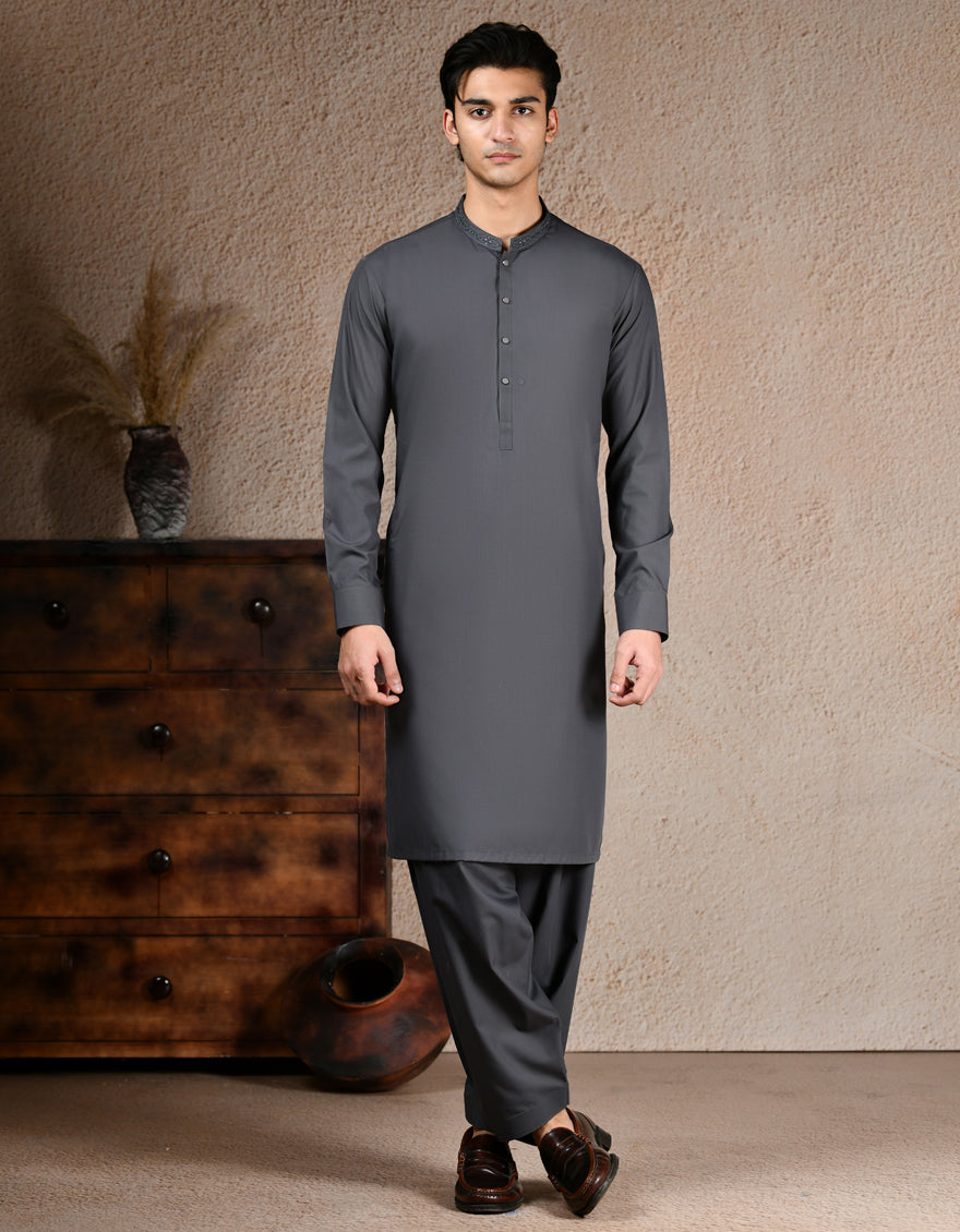 Blended Grey Shalwar Kameez by J. Junaid Jamshed - Premium Pakistani Traditional Outfit for Men - Perfect for Weddings, Eid & Special Occasions