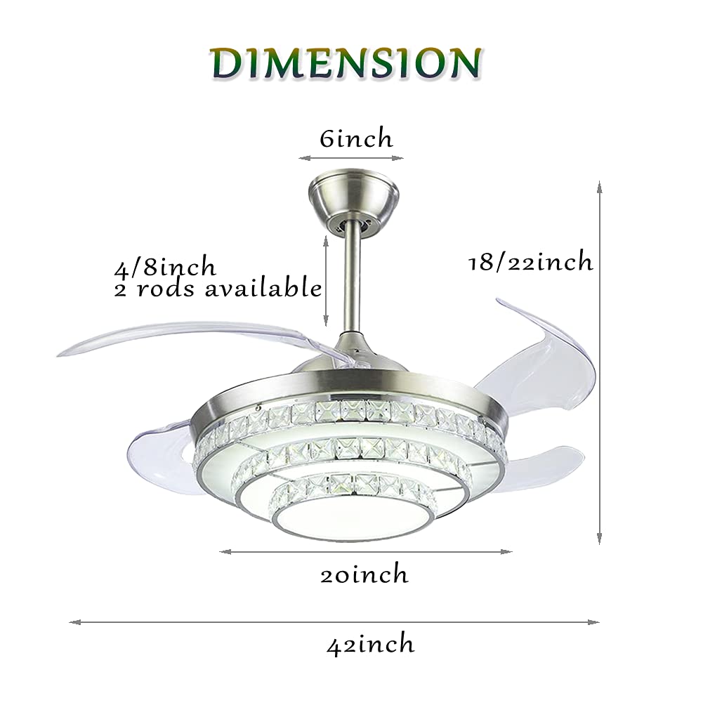 42 Inch Crystal Ceiling Fan with Light and Remote Control - Modern LED Chandelier Fan with Retractable Blades for Dining Room, Living Room, Bedroom - Silver Finish - Energy Efficient & Quiet Operation
