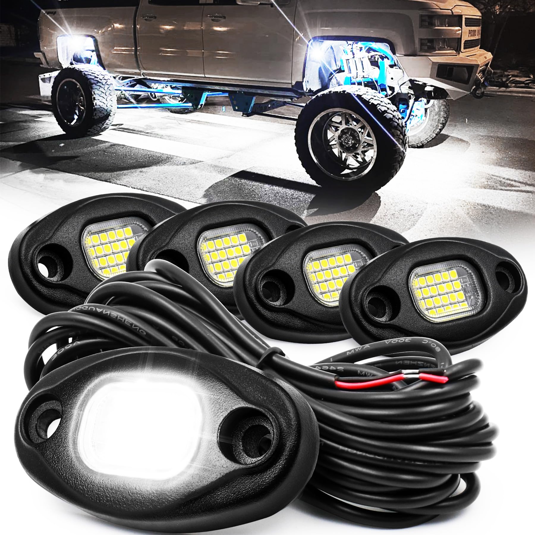4PCS ALIGZ White Rock Lights with 15FT Wiring Harness - Waterproof LED Underglow Lights for Trucks, UTV, ATV, RZR - Off-Road Vehicle Accent Lighting for Night Driving & Custom Car Styling - Enhance Safety & Visibility for Off-Roading, Night Cruising & Vehicle Customization - Perfect for Trail Rides, Mudding, Camping & Outdoor Adventures - Ideal for Jeep, Truck & Off-Road Enthusiasts - Great for Car Shows, Nighttime Safety & Off-Road Exploration