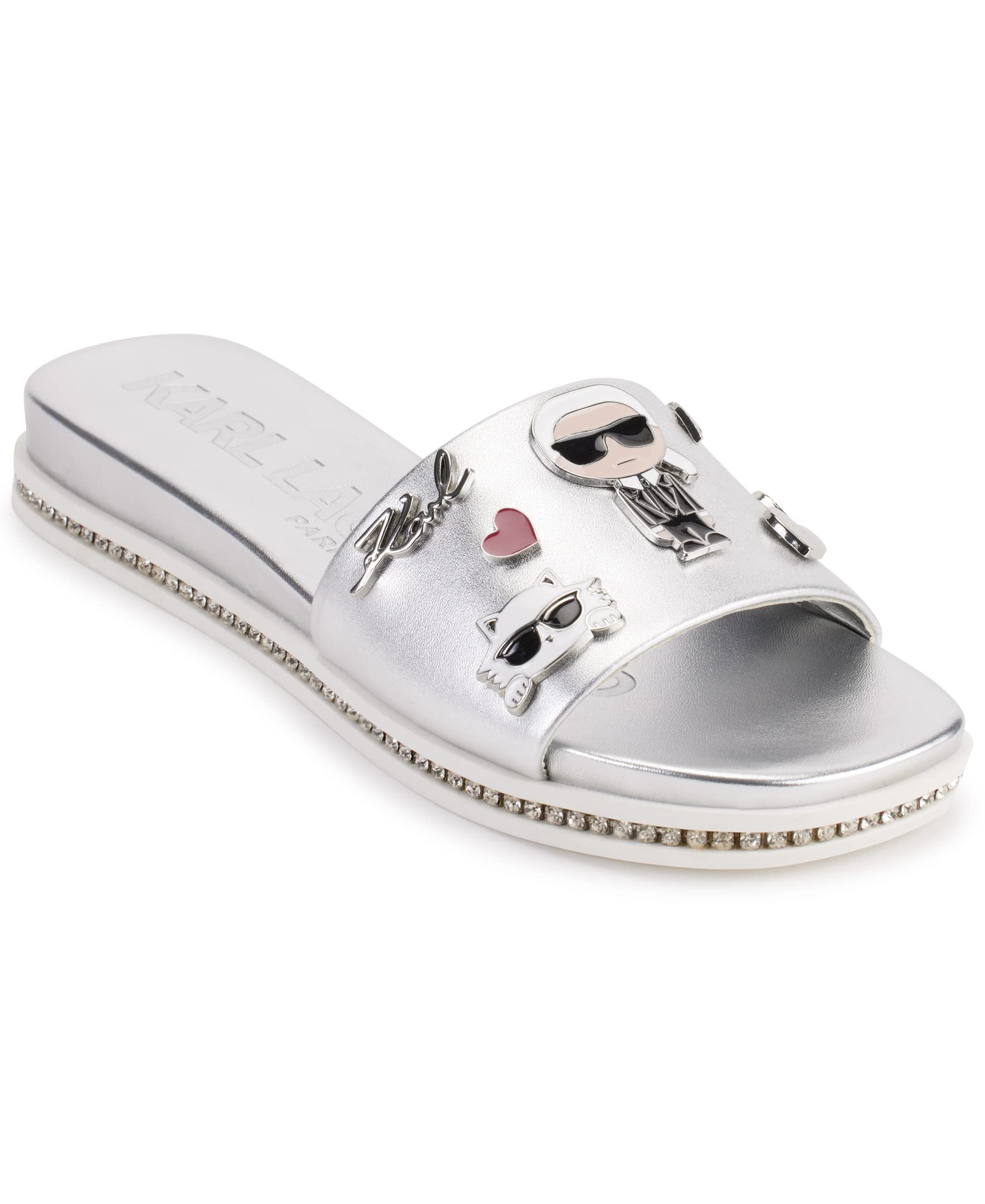KARL LAGERFELD Women's Jeslyn Slides - Fashionable Slide-On Sandals with Bold KLP Pins | Comfortable Summer Shoes for Beach, Pool & Casual Outings