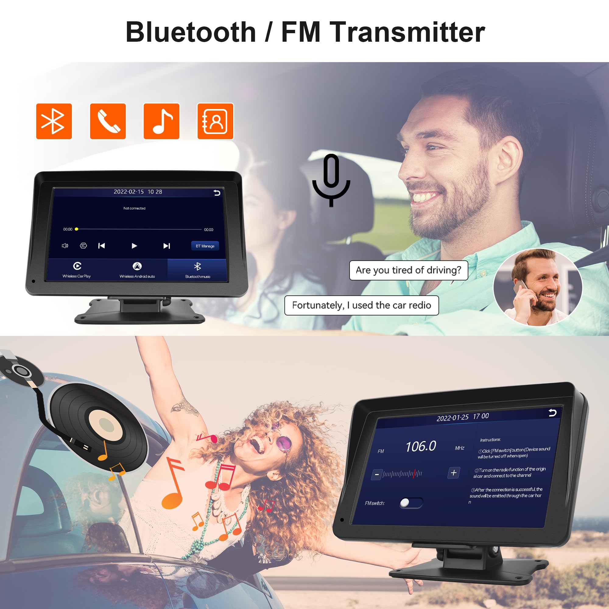 Rimoody 7 Inch Portable Car Stereo with Wireless Apple CarPlay & Android Auto - Touchscreen Bluetooth FM Transmitter, Mirror Link, Dash Mount | Perfect for Road Trips, Commuting & Hands-Free Driving