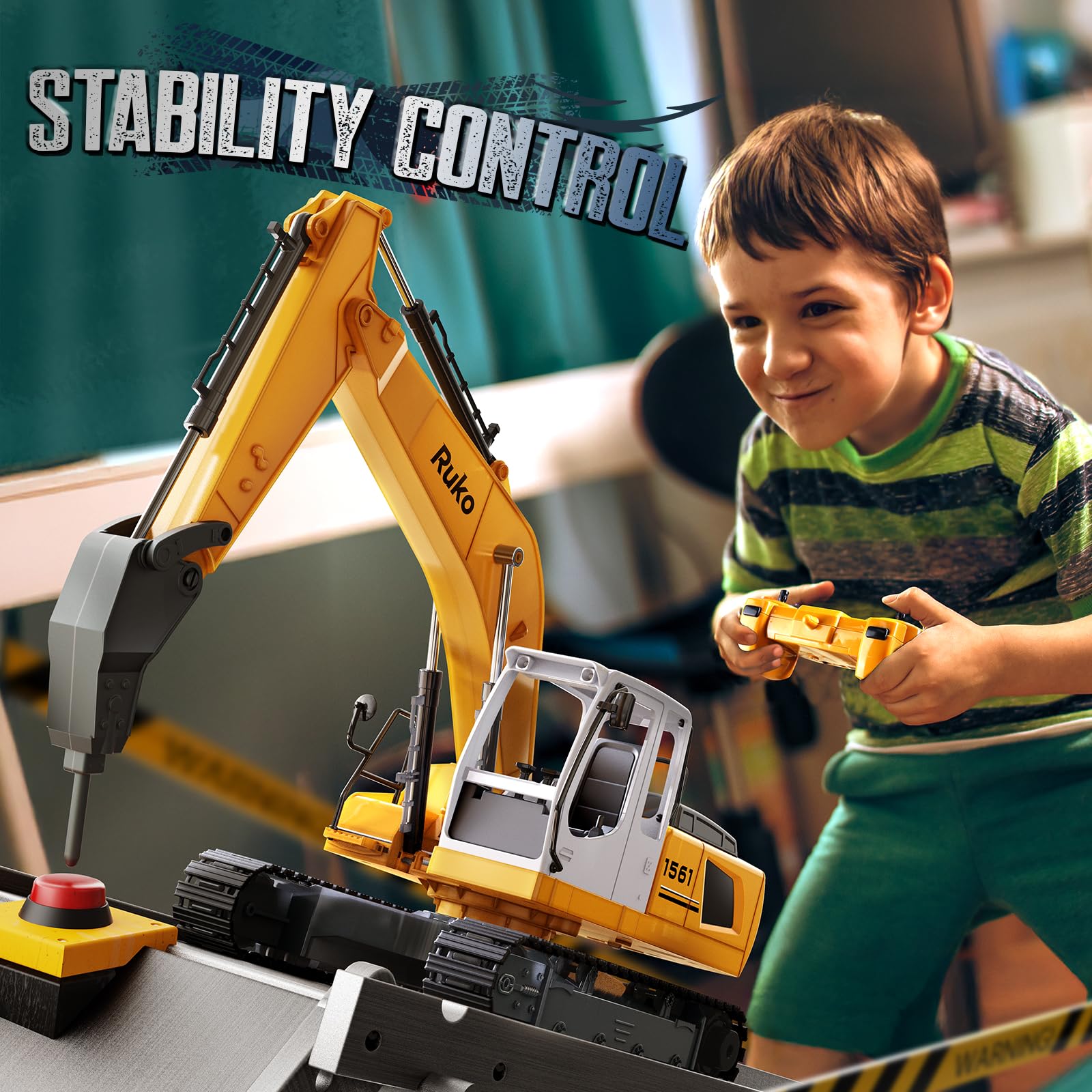 Ruko 1561 RC Excavator - 3 in 1 Remote Control Construction Toy with Alloy Shovel & Drill, 17 Channel RC Vehicle for Boys & Adults (Ages 6-14) - Realistic Lights & Sounds for Sandbox Play, Construction Site Pretend Play & STEM Learning