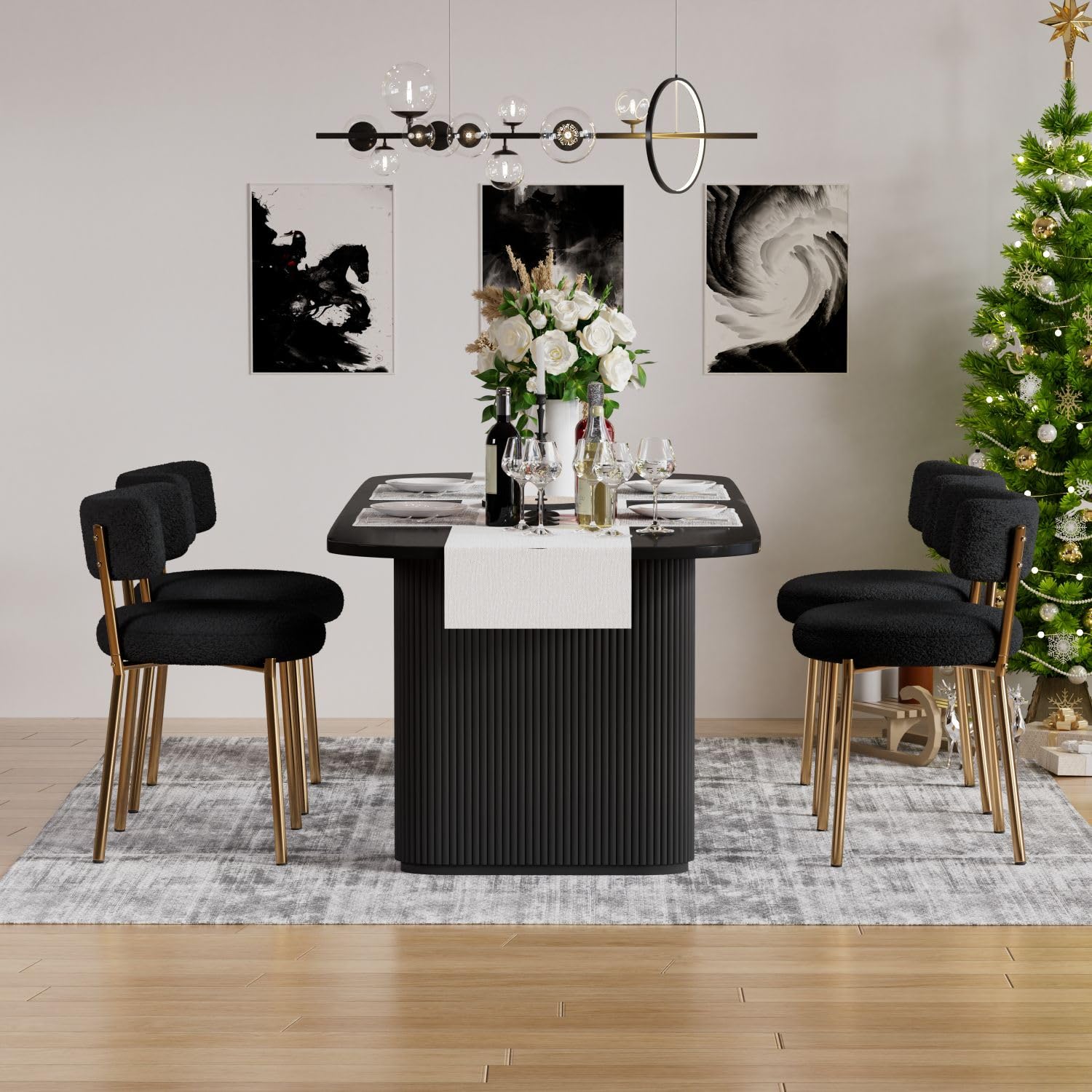 Modern Dining Chairs Set of 4 - Round Upholstered Boucle Sherpa Kitchen Chairs with Curved Backrest & Gold Metal Legs - Mid Century Black Dining Room Chairs for Home, Restaurant, Cafe & Office Use