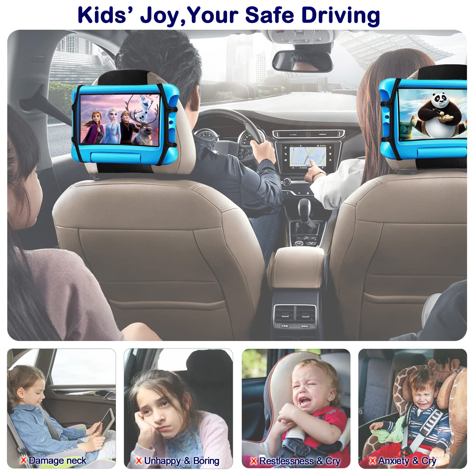 2 Pack Universal Car Tablet Holder for Kids - Adjustable Headrest Mount for iPad & 7-11