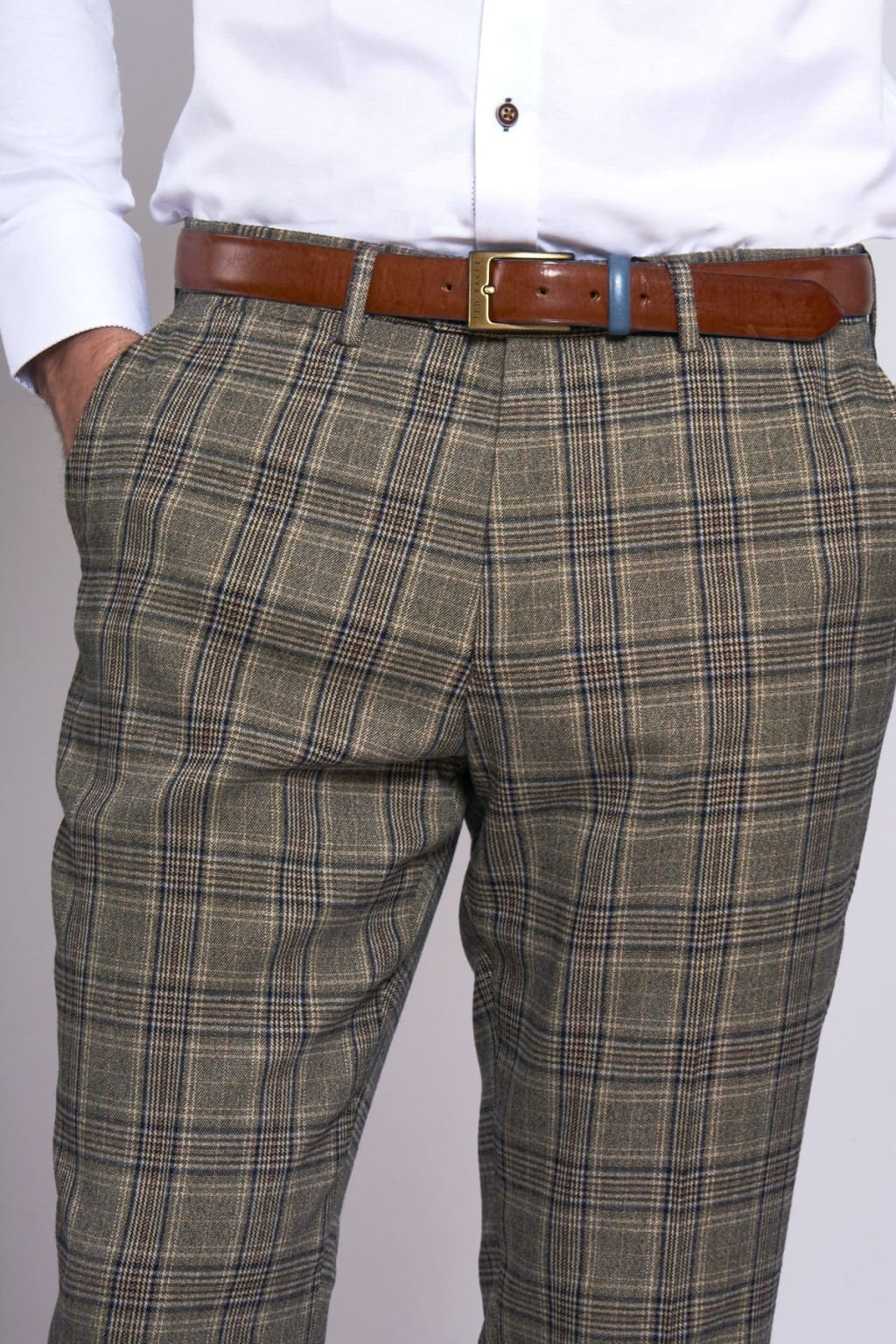 Marc Darcy Enzo Tan Check Tweed Trousers for Men - Classic Slim Fit Dress Pants for Office, Business & Formal Occasions