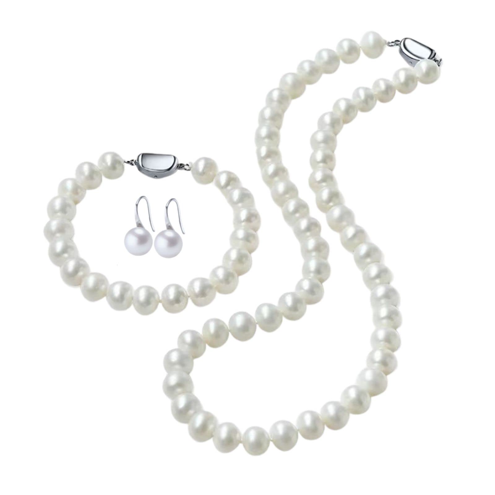 Freshwater Pearl Necklace Set with Bracelet & Earrings in Leather Gift Box - Elegant Jewelry for Women | Perfect for Weddings, Parties & Special Occasions