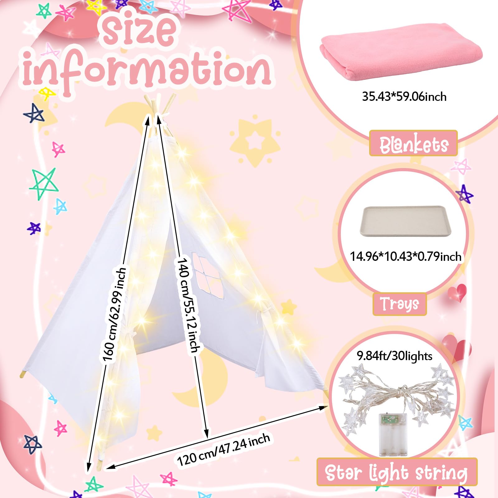 **6 Pack Kids Teepee Tent with Light Blankets & Trays - Natural Cotton Play Tent for Toddlers, Washable Indoor/Outdoor Sleepover Tent for Boys & Girls - Perfect for Slumber Parties, Birthday Gifts & Playroom Decor**