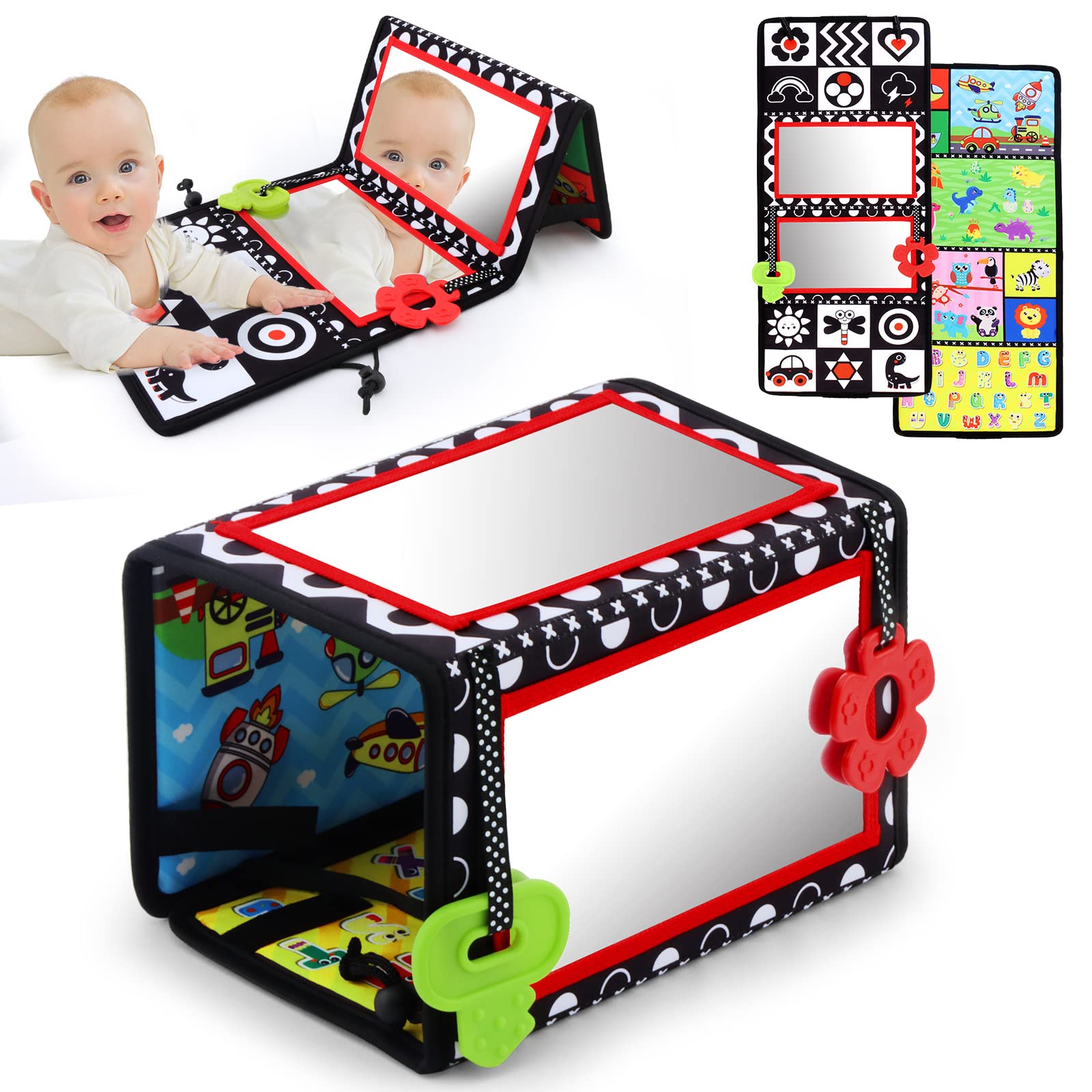 **Double-Sided Tummy Time Mirror with Teethers – High Contrast Black & White Baby Sensory Toy for Newborns & Infants | Montessori Crawling Developmental Toy for Playtime & Learning (A-Mirror)**