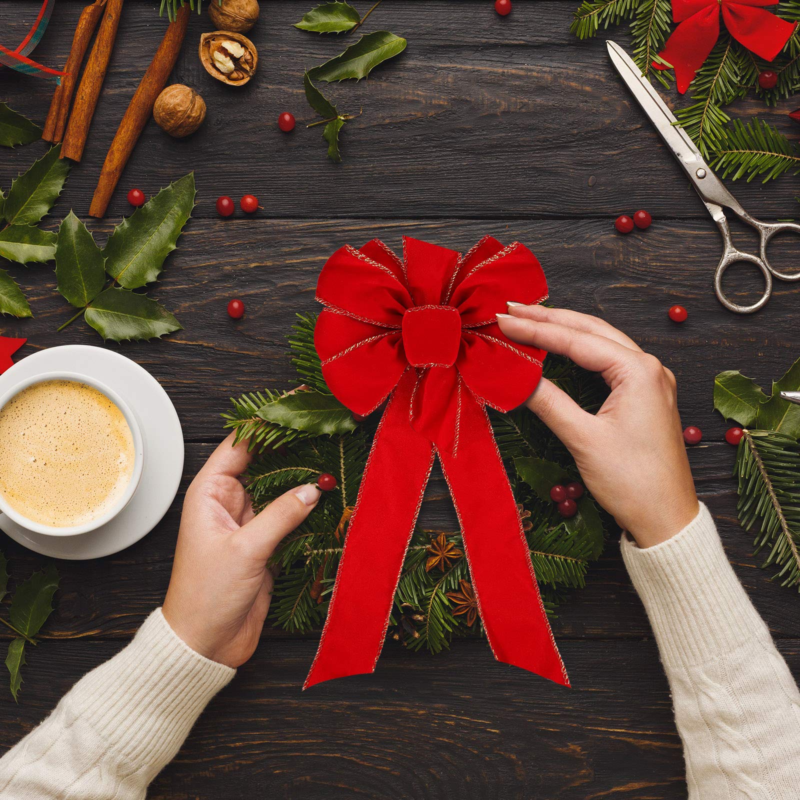 Red Velvet Christmas Bows with Gold Wired Edge - 12 Pack Premium Ribbon Bows for Holiday Wreaths, Tree Decorations & Festive Home Decor - Perfect for Xmas Gifts, Stockings & Mantel Decor