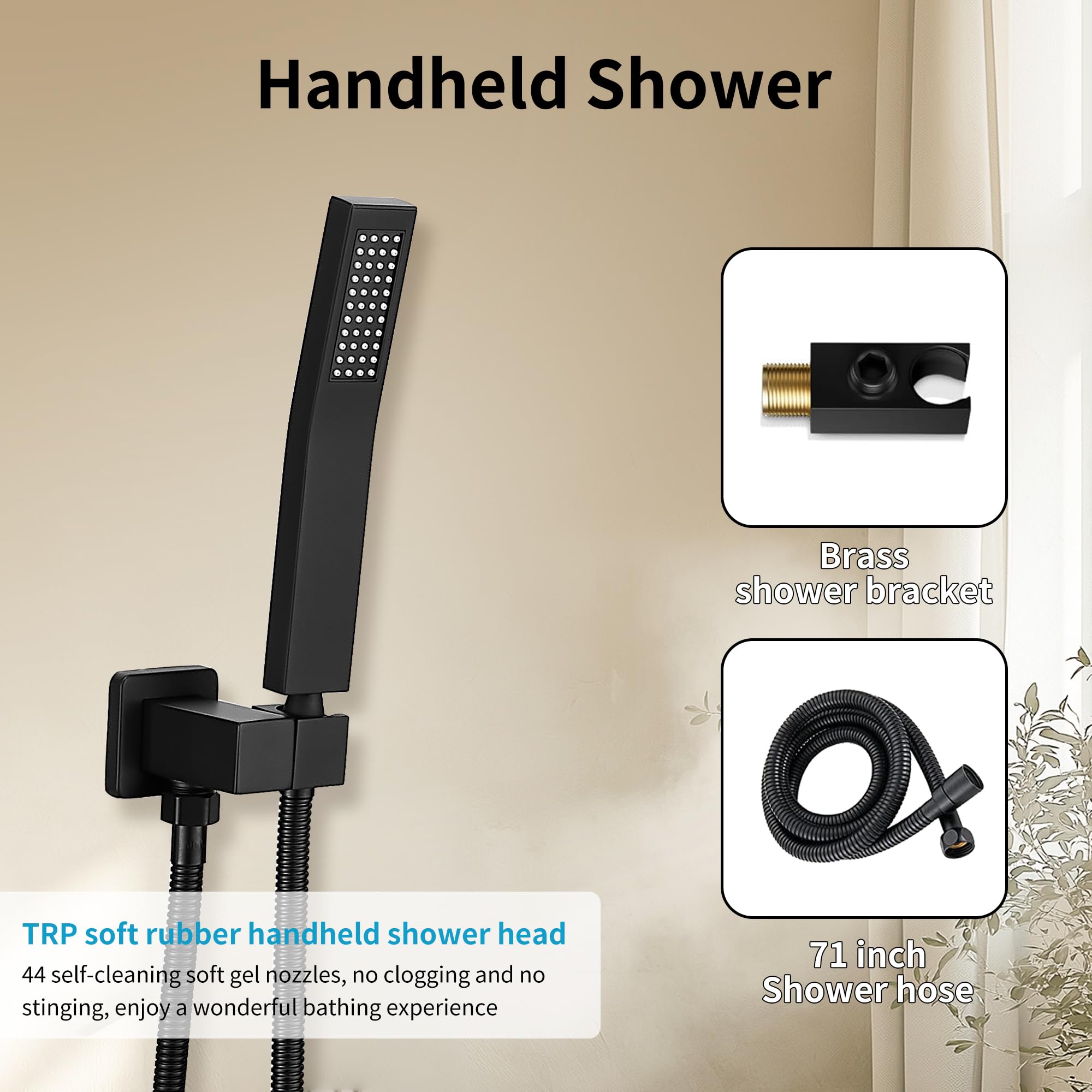 10 Inch Square Stainless Steel Rainfall Shower System - Black GGStudy Shower Faucet Trim Kit with Rough-in Valve, Handheld Spray & Metal Shower Head for Modern Bathroom Renovation | Perfect for Spa-Like Experience and Water-Saving Bathing