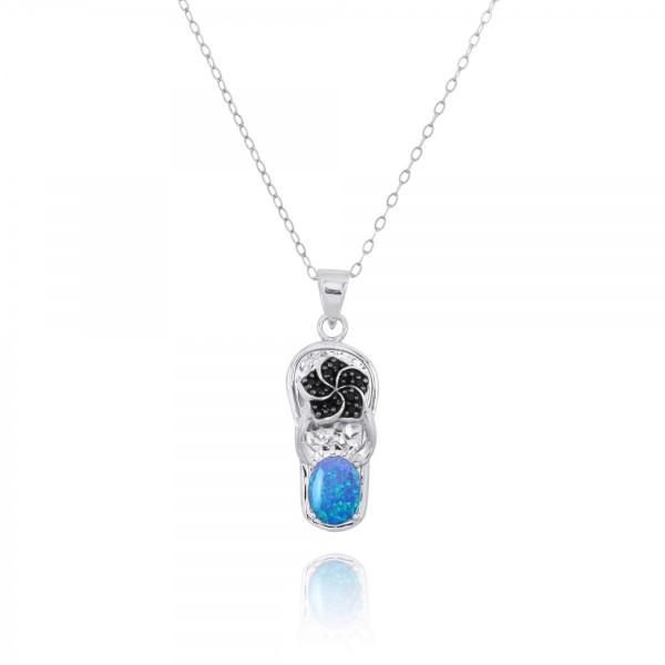 Blue Opal & Black Spinel Hibiscus Flower Flip Flop Pendant Necklace - Tropical Beach Jewelry for Summer Vacations & Pool Parties
