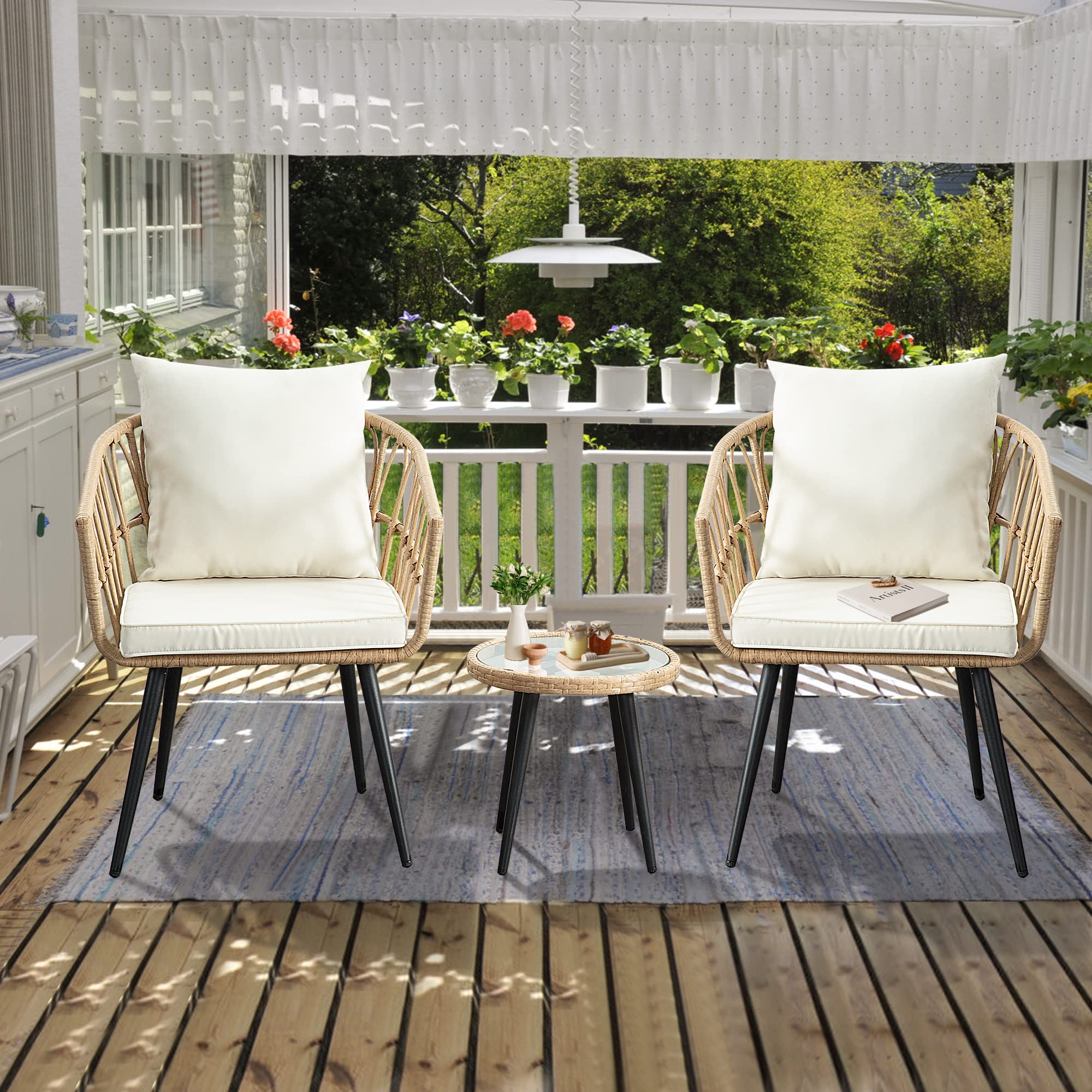 3-Piece Patio Bistro Set - All-Weather Wicker Outdoor Furniture with Coffee Table & Cushions, Rattan Conversation Chairs for Balcony, Porch, Backyard, Deck, Poolside - Perfect for Relaxing, Entertaining & Outdoor Dining