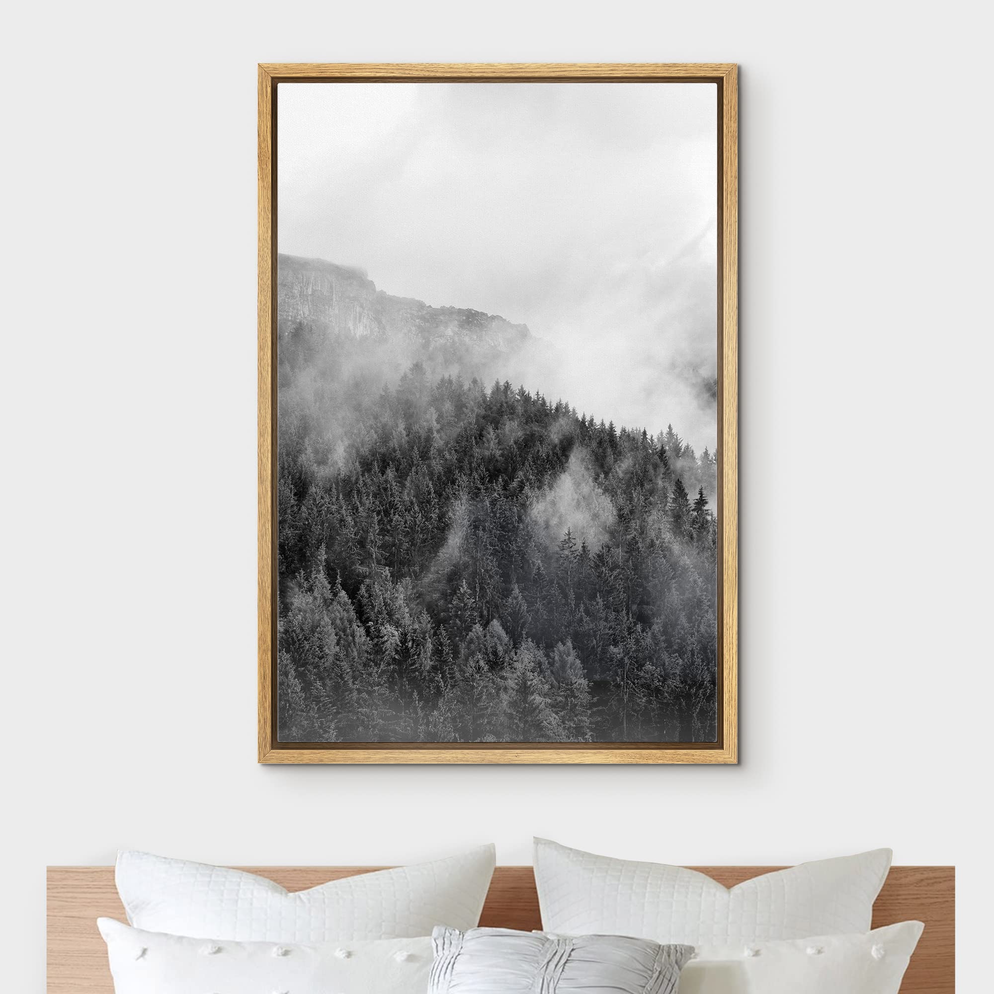 IDEA4WALL Framed Canvas Print - Black & White Mountain Forest Mist Wall Art, Woodland Nursery Decor, Nature Wilderness Realism, Dramatic Cool Design for Living Room, Bedroom, Office, Dorm, or Study - 16