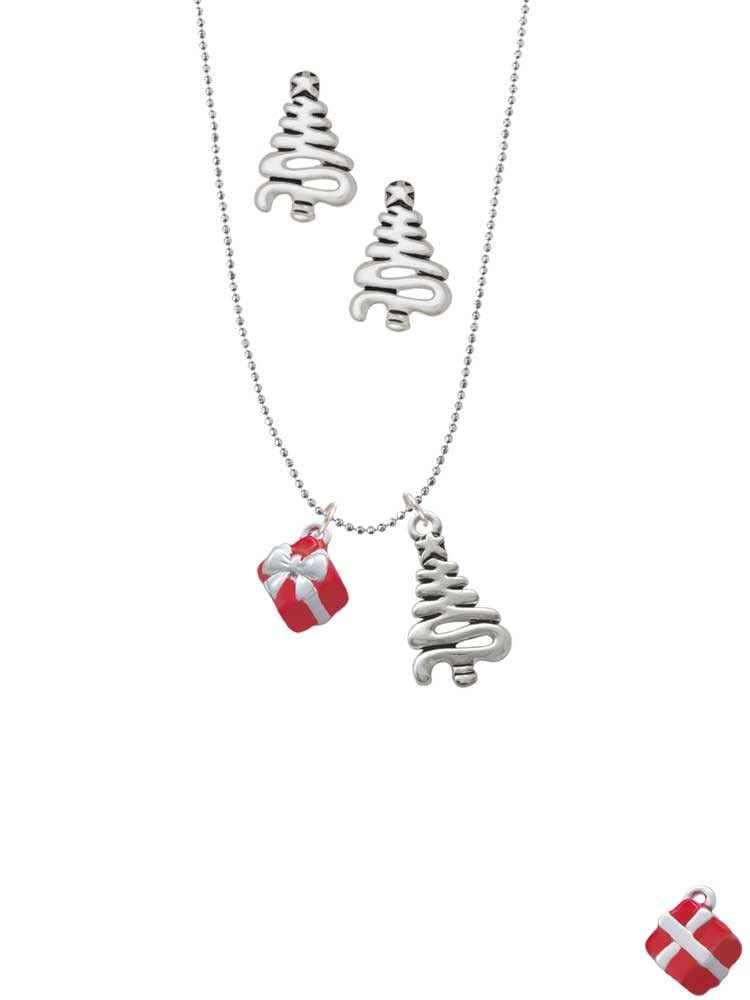 Delight Jewelry Sterling Silver 3D Enamel Gift Box Charm Necklace Set with Christmas Tree Pendant & Stud Earrings - Perfect for Holiday Gifting, Party Accessories & Festive Outfits