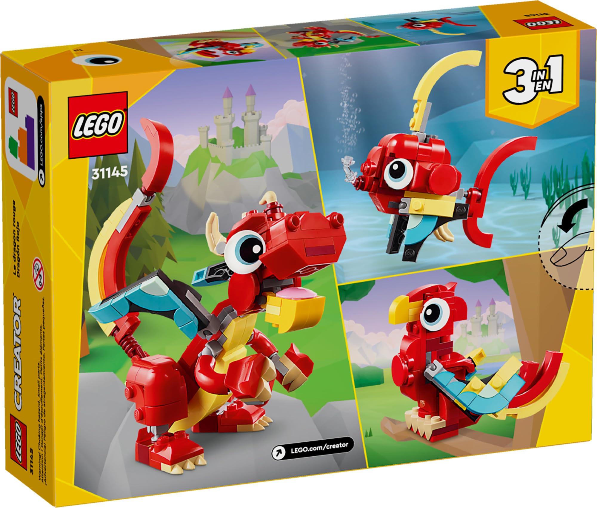 LEGO Creator 3-in-1 Red Dragon Building Toy Set - Transforms into Fish & Phoenix - Creative STEM Toy Gift for Kids Ages 6+ (31145) - Perfect for Imaginative Play, Birthday Gifts & Dragon Lovers