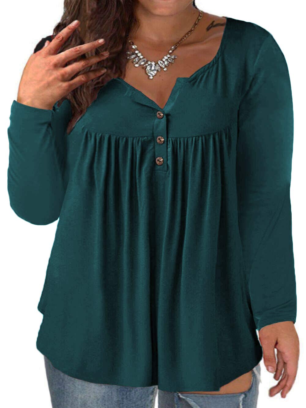 VISLILY Women's Plus Size Henley Shirts - Long Sleeve Button Up Blouses & Pleated Tunics for Work, Casual Outfits and Layering
