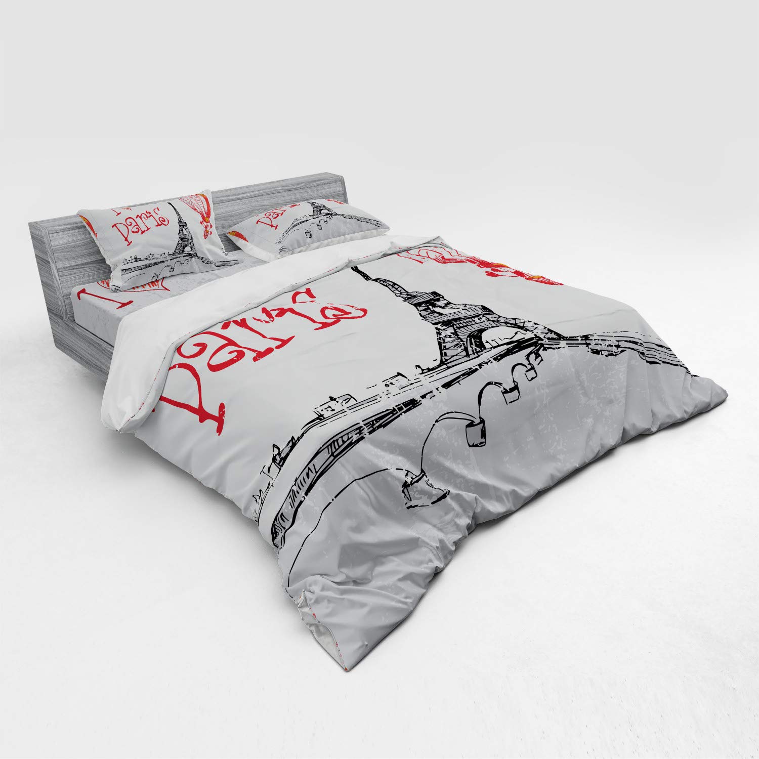 Ambesonne Love Bedding Set - Paris Romance Hot Air Balloon with Hearts Doodle Print, 4-Piece Duvet Cover Set with Shams & Fitted Sheet, King Size, Red Black Grey - Perfect for Couples Bedroom, Guest Room & Romantic Getaway Decor