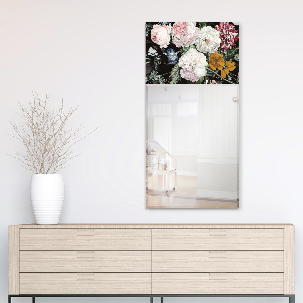 Bouquet Rectangular Beveled Mirror - Free Floating Printed Tempered Art Glass - 24 x 48 Inches - Clear Wall Mirror for Living Room, Bedroom, or Entryway Decor
