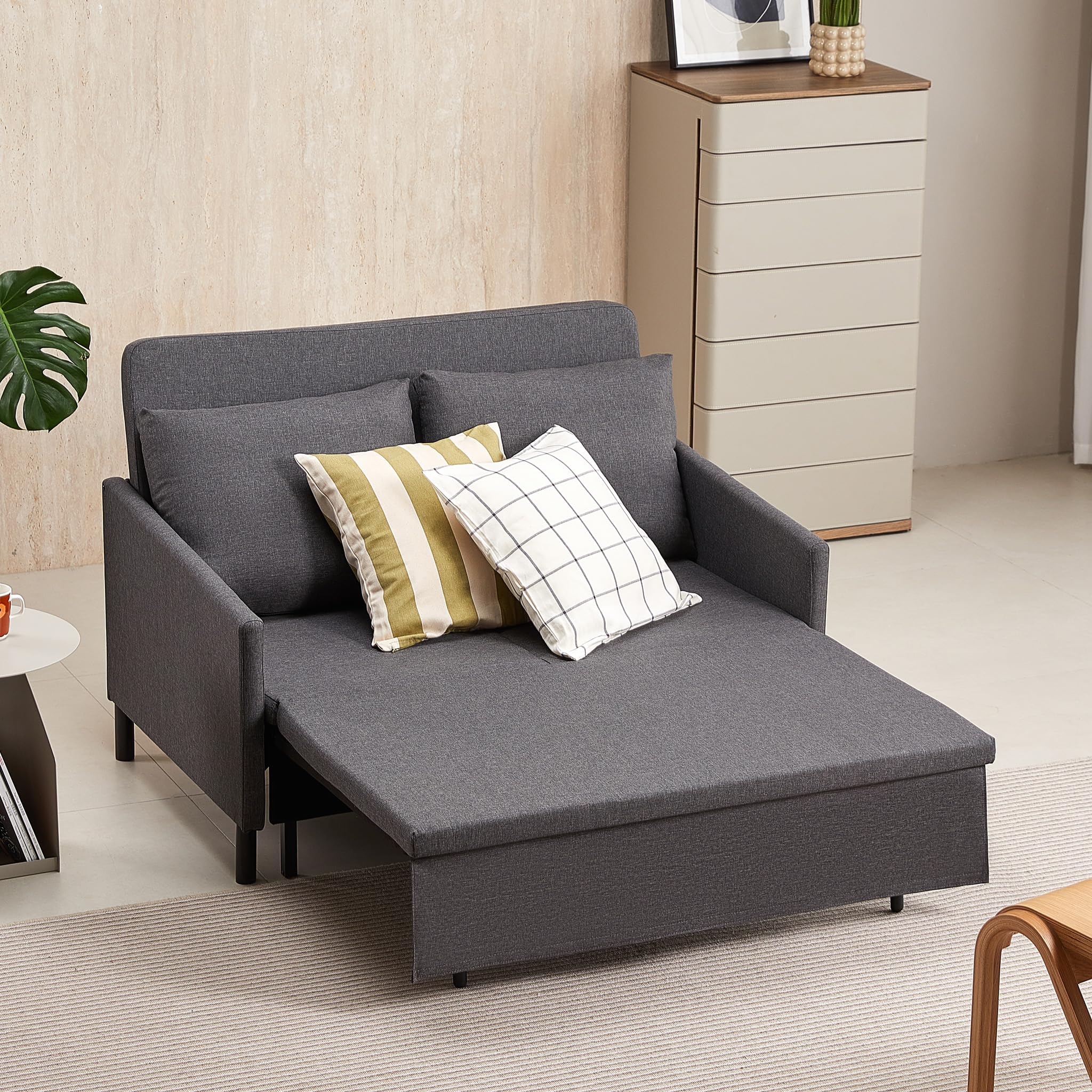XSPRACER 3-in-1 Convertible Sleeper Sofa Bed with Pullout & Storage - Modern Loveseat Couch for Living Room, RV, Bedroom, Balcony - Dark Gray Linen Fabric - Perfect for Small Spaces, Guest Rooms & Studio Apartments