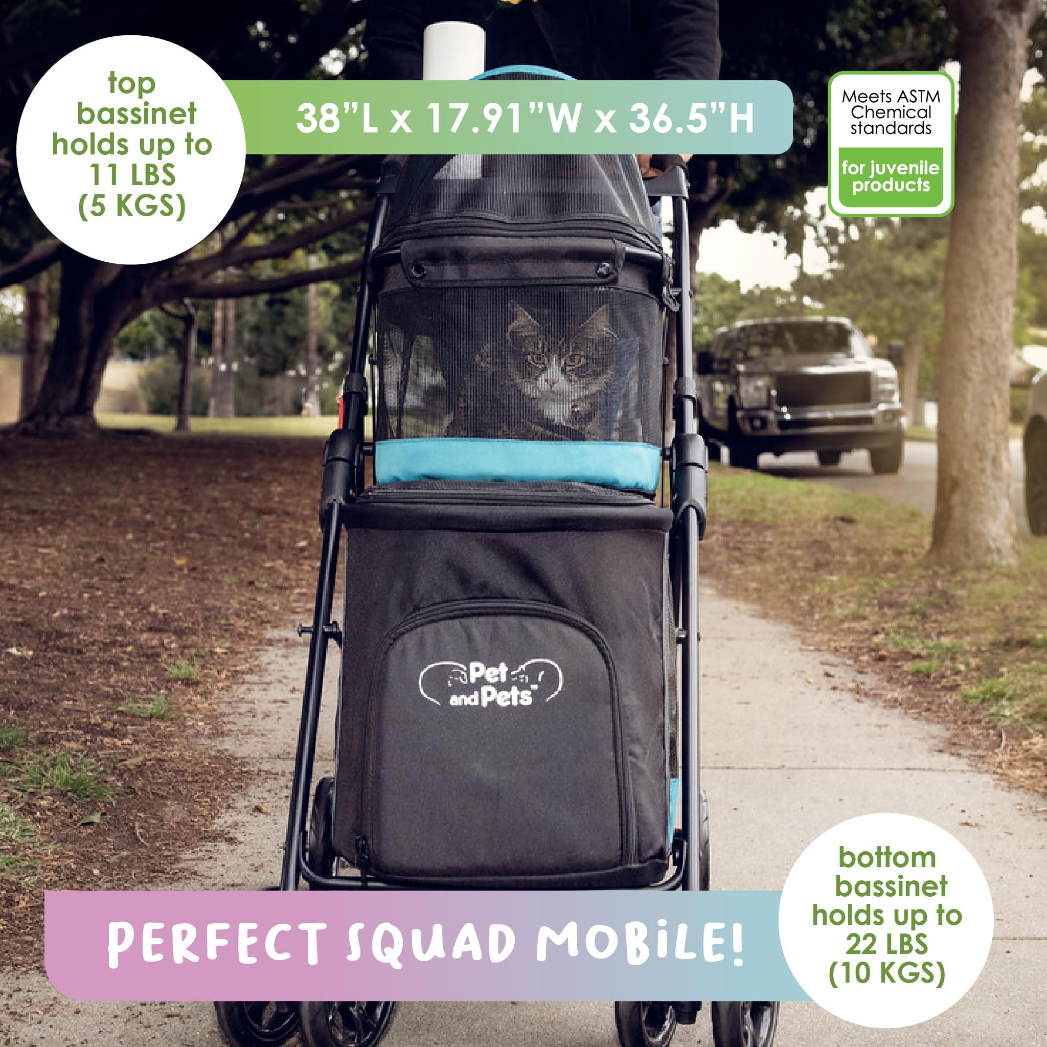 PETIQUE Double Decker Pet Stroller - 11.53lb Teal for Small Dogs & Cats