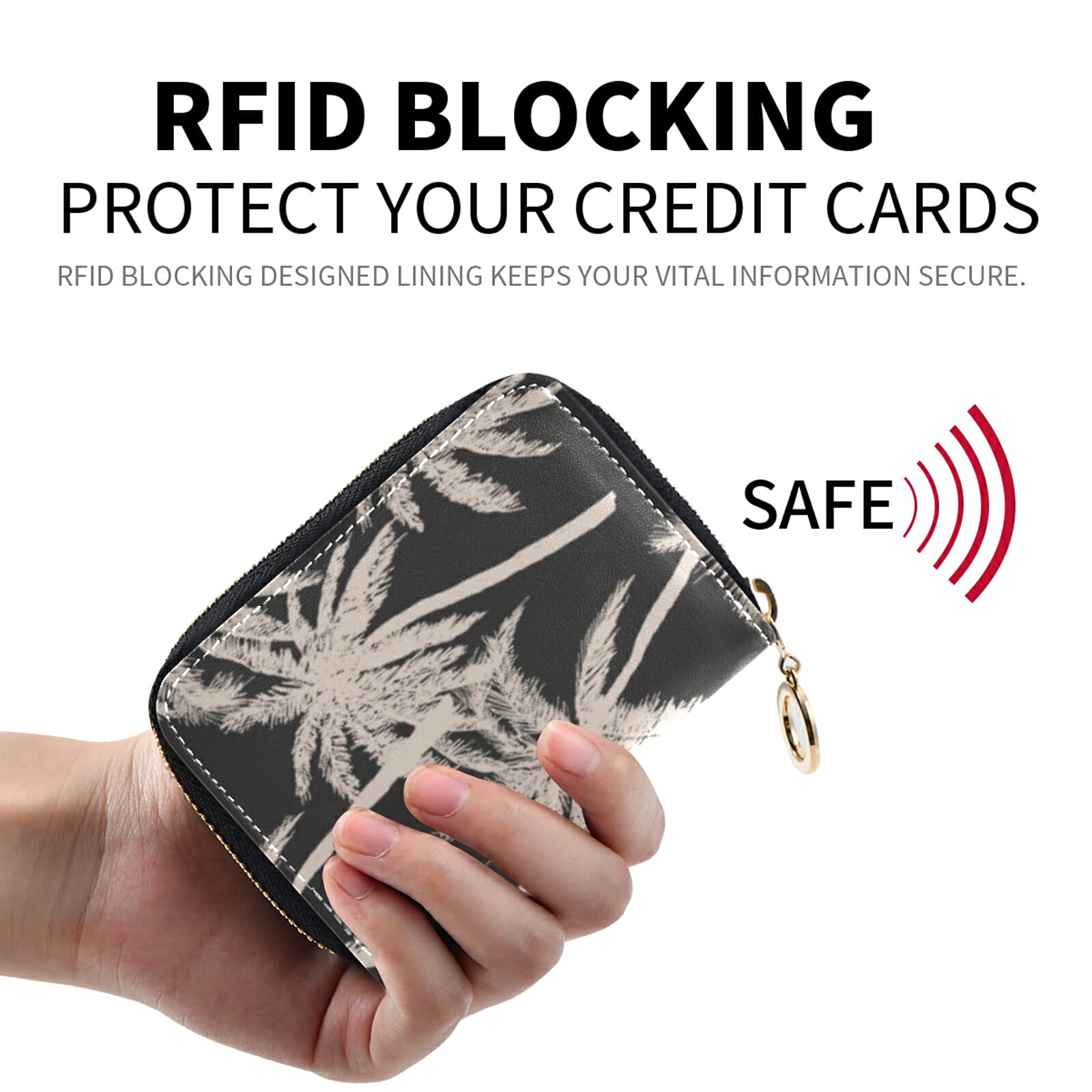 Stylish Black RFID Blocking Credit Card Wallet with Palm Tree Design - Premium Microfiber Leather Zipper Card Holder for Women | Perfect for Travel, Shopping & Everyday Use