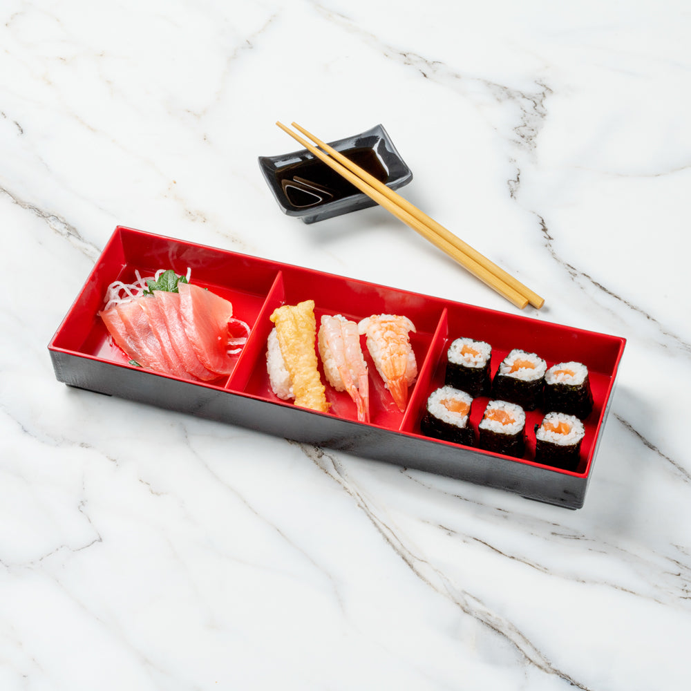 Premium Japanese Bento Box - 3 Compartment Black & Red Lunch Container (14