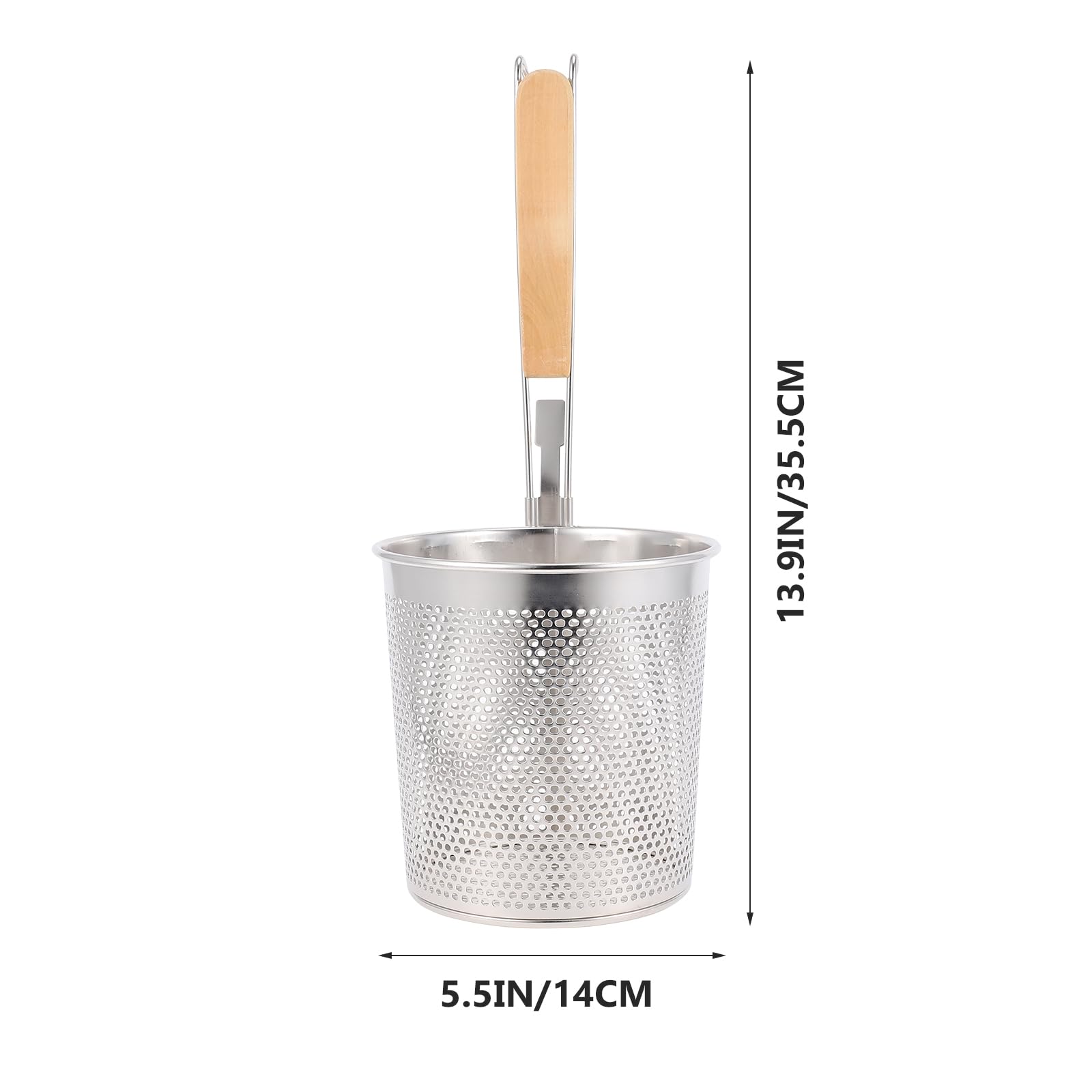 Stainless Steel Large Round Wok Strainer Colander with Wooden Handle - 14cm Fry Basket for Udon, Pasta, Noodle & Ramen - Perfect for Rinsing, Straining, Boiling & Frying in Asian & Italian Cooking