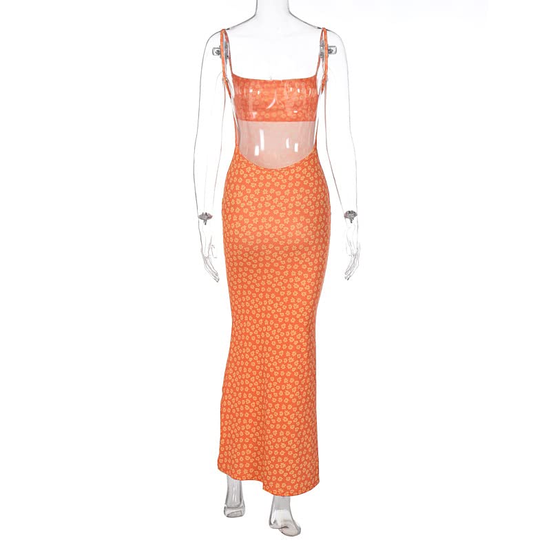 KMBANGI Women's Sexy Backless Maxi Dress - Floral Print Sleeveless Cocktail Dress with Spaghetti Straps, Bodycon Long Party Dress for Evening Events, Weddings & Night Out