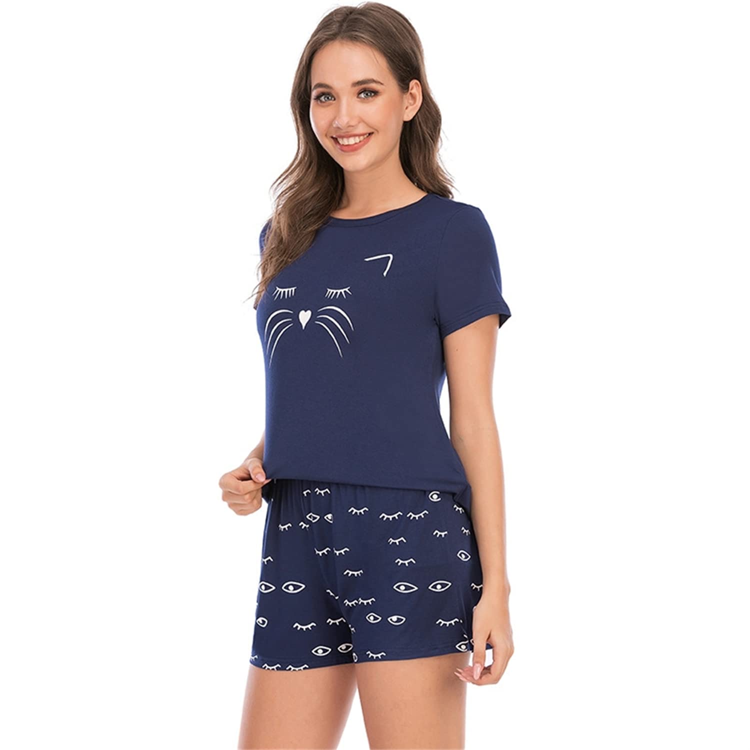 Women's Cute Printed Pajama Set - Short Sleeve Top & Short Pants Summer Sleepwear, Nightwear & Loungewear PJs for Comfortable Sleep & Relaxing at Home