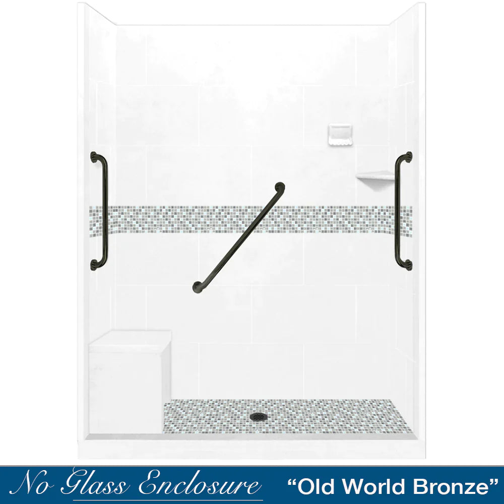 60 Alcove Natural Buff Sistine Stone & Del Mar Mosaic Accent DIY Shower Remodel Kit with Free Shampoo Niche - Bathroom Renovation Tile Set for Shower Walls and Backsplash