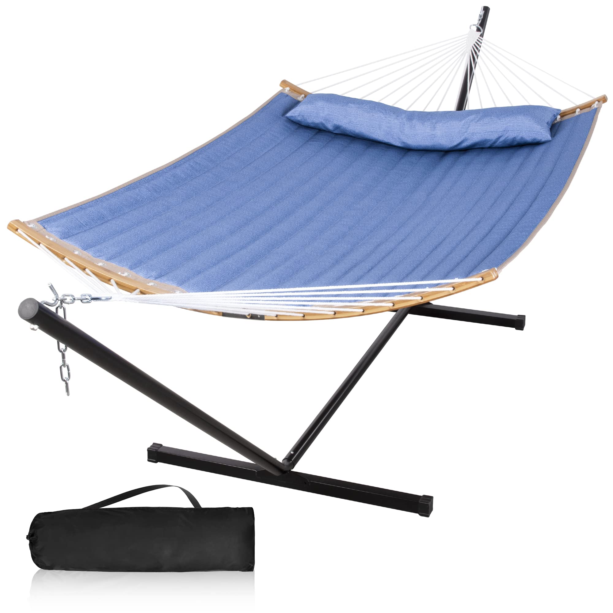 2-Person Outdoor Hammock with Stand - Portable Blue Hammock Set Includes Curved Spreader Bar, Pillow & Carrying Bag - Perfect for Backyard, Patio, Beach & Camping Relaxation