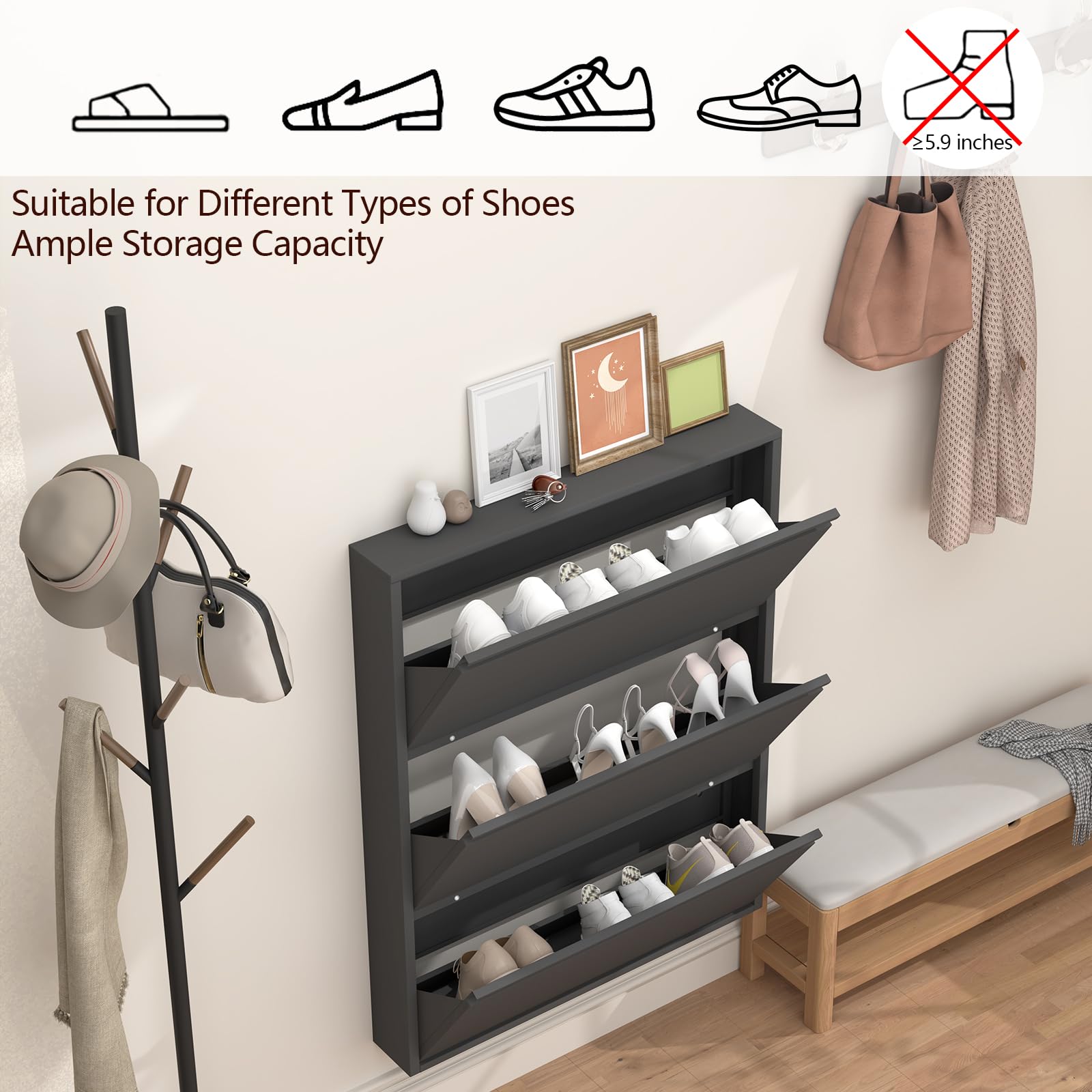 GREATMEET 3-Tier Wall Mounted Shoe Storage Cabinet with Flip Drawers - Space Saving Narrow Entryway Shoe Organizer for Closet, Hallway & Bedroom - Black Slim Shoe Rack for Small Spaces