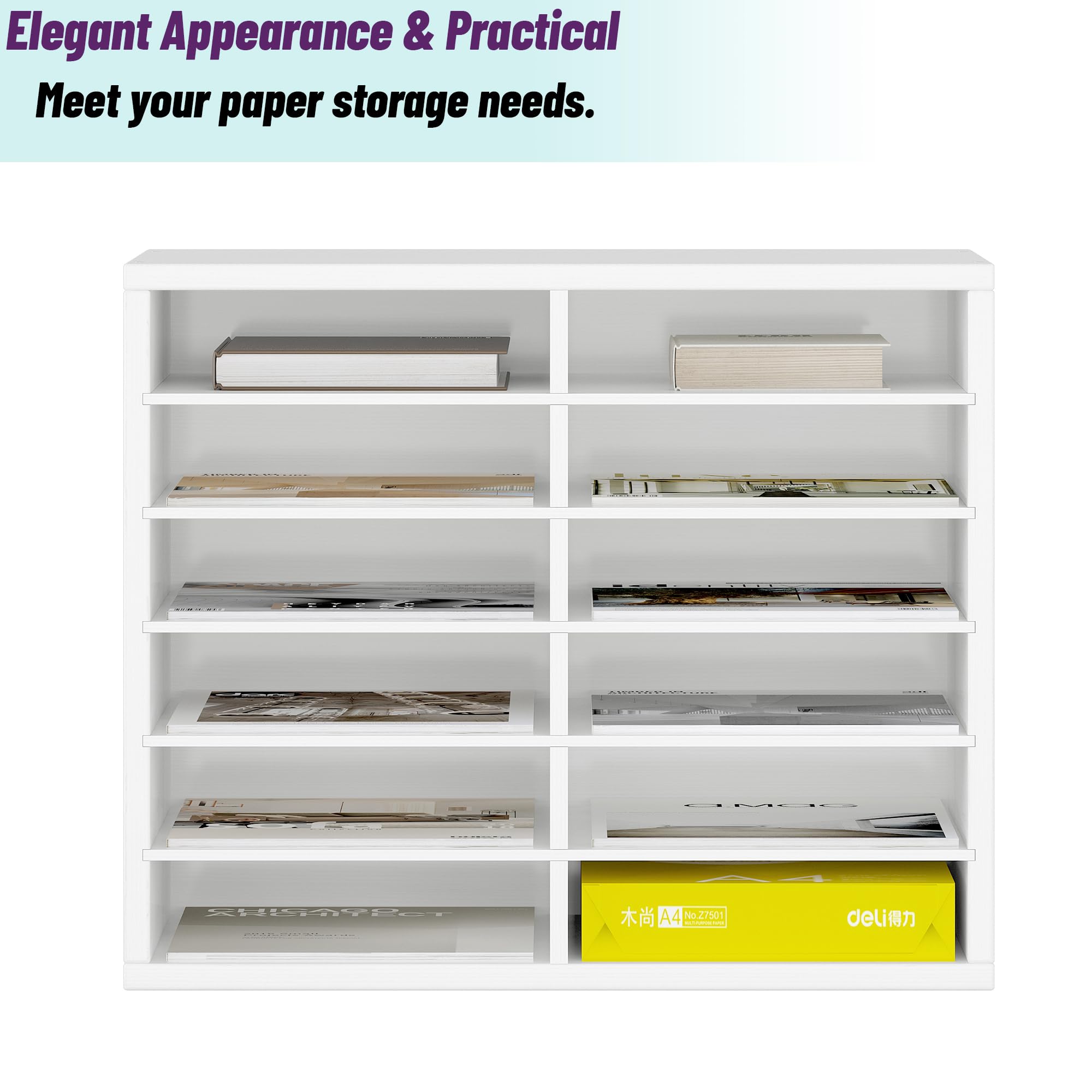 12-Drawer Wooden Desk Organizer with Adjustable Shelves - Office File Storage, Wrapping Paper Organizer & Document Holder for Home, Classroom or Workspace - White (Perfect for Decluttering Desks, Organizing Supplies & Storing Important Files)