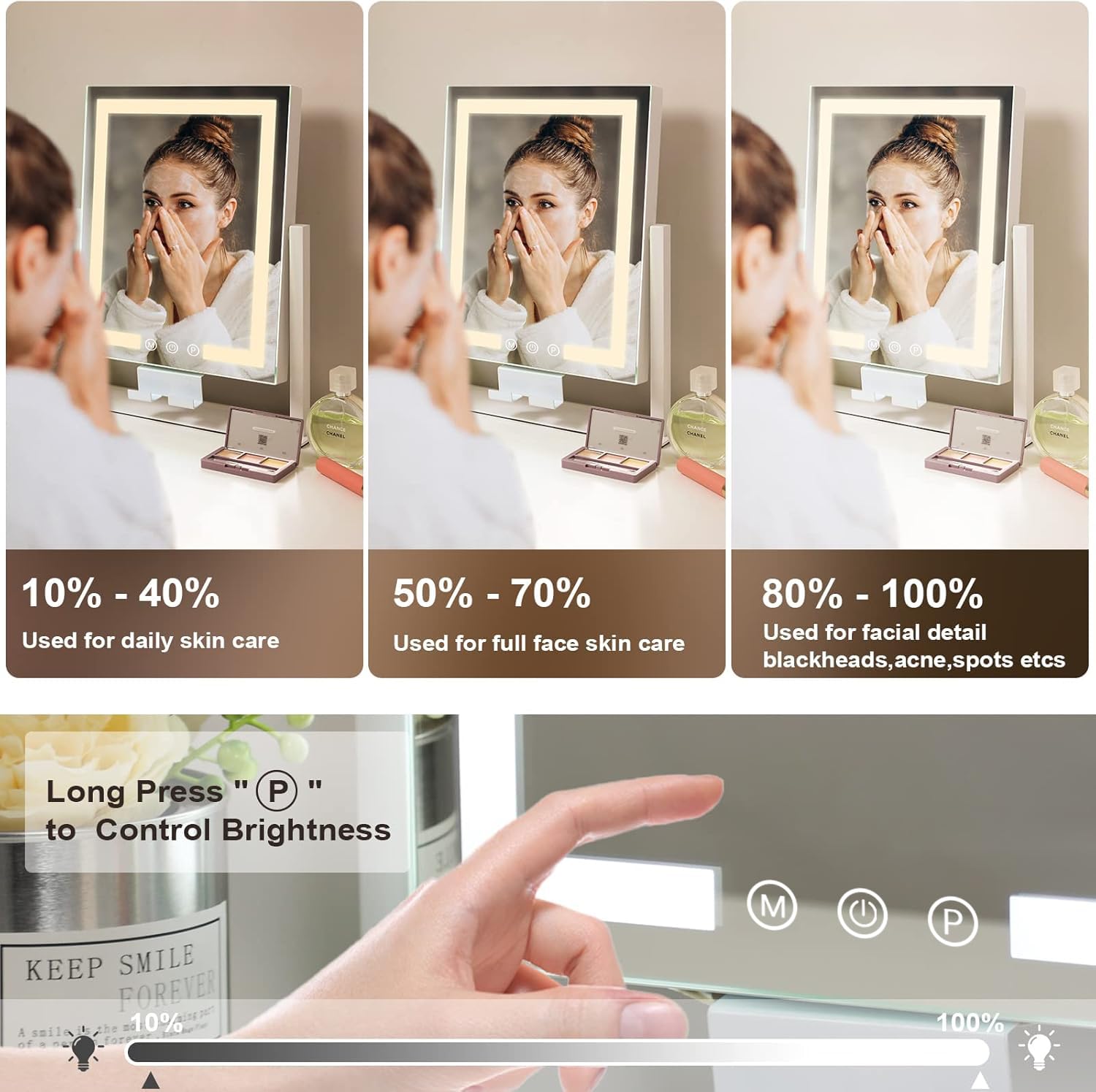 KOTTOVA LED Makeup Mirror with Lights & Phone Holder - 3 Color Modes, Touch Control, 10X Magnifying Mirror - Perfect for Vanity, Dressing Room & Professional Makeup Artists (White Metal Frame)