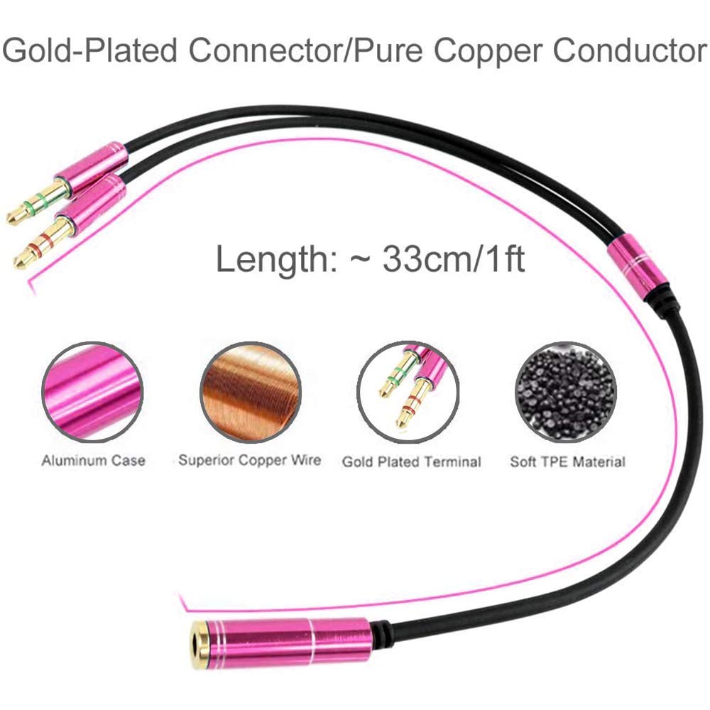 3.5mm Headphone Splitter Adapter - Female to Dual 3.5mm Male Audio Y Cable - 4-Pin Mic Compatible for Smartphone to PC Connection (Pink) - Perfect for Gaming, Podcasting & Online Meetings