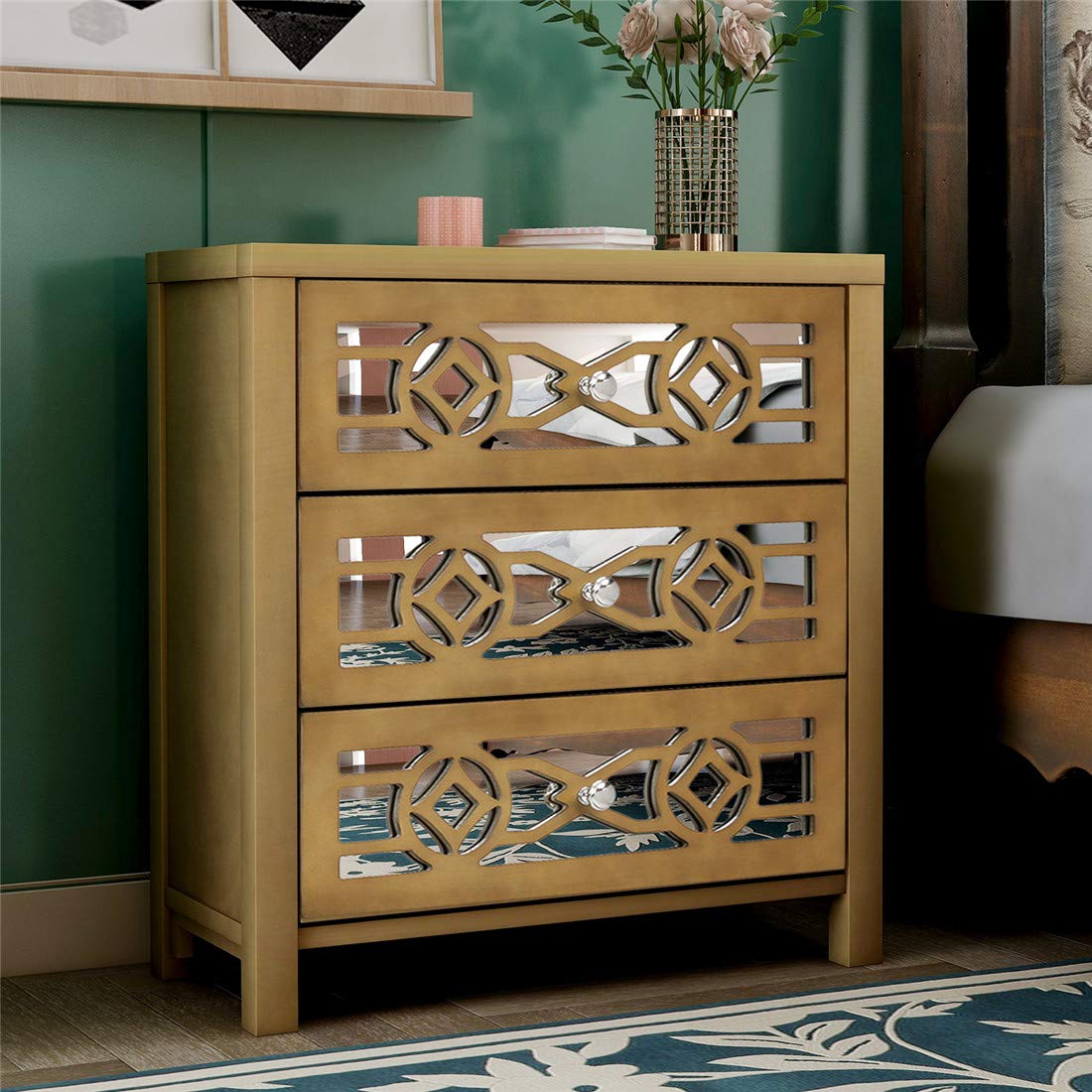 Modern Gold Nightstand with 3 Drawers & Decorative Mirror - Solid Wood Dresser Chest with Storage Organizer for Bedroom, Living Room, Closet, Entryway | Perfect Bedside Table, Entryway Storage & Closet Organization Solution