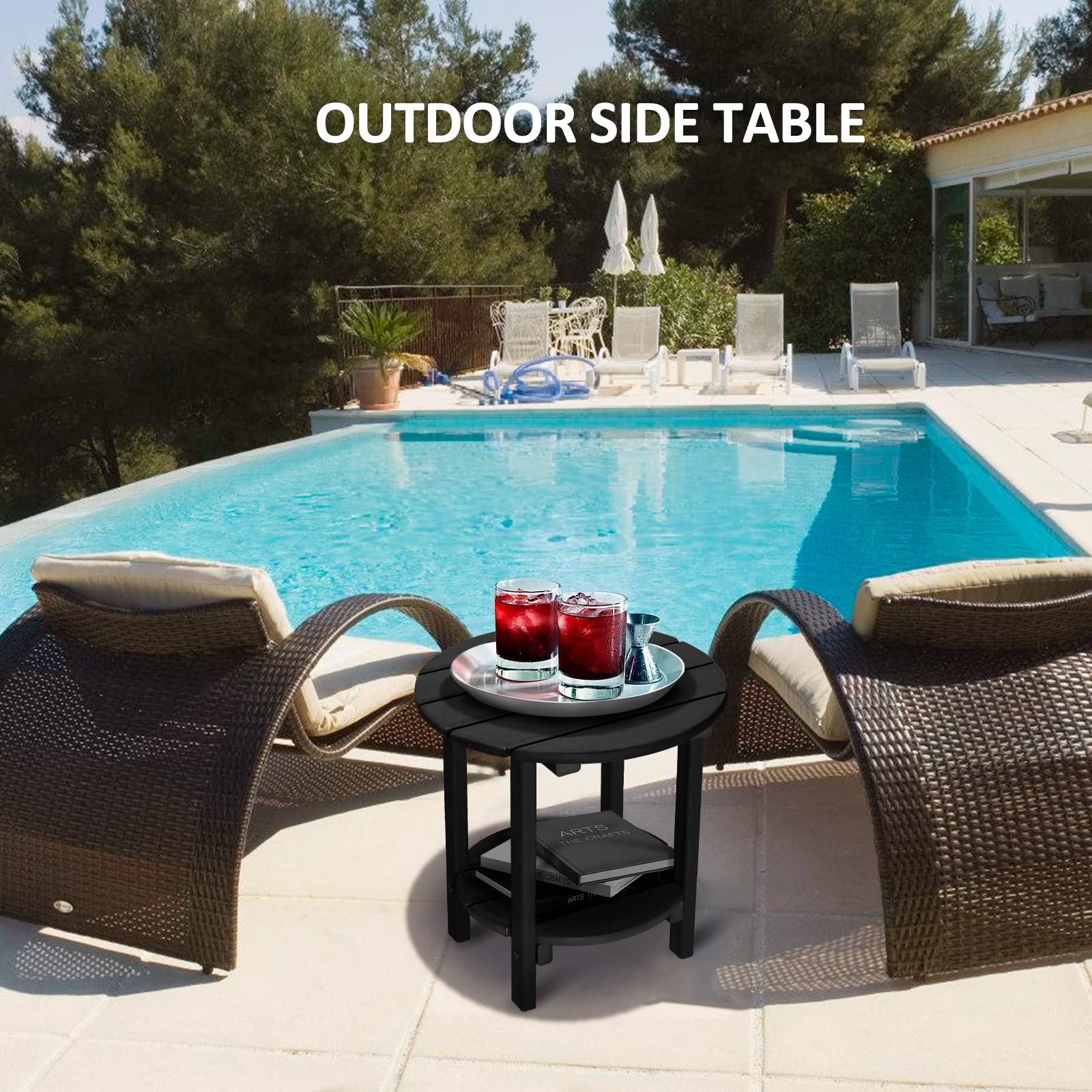 2-Tier Round Outdoor Side Table with Wood-Like Grain - 17.7