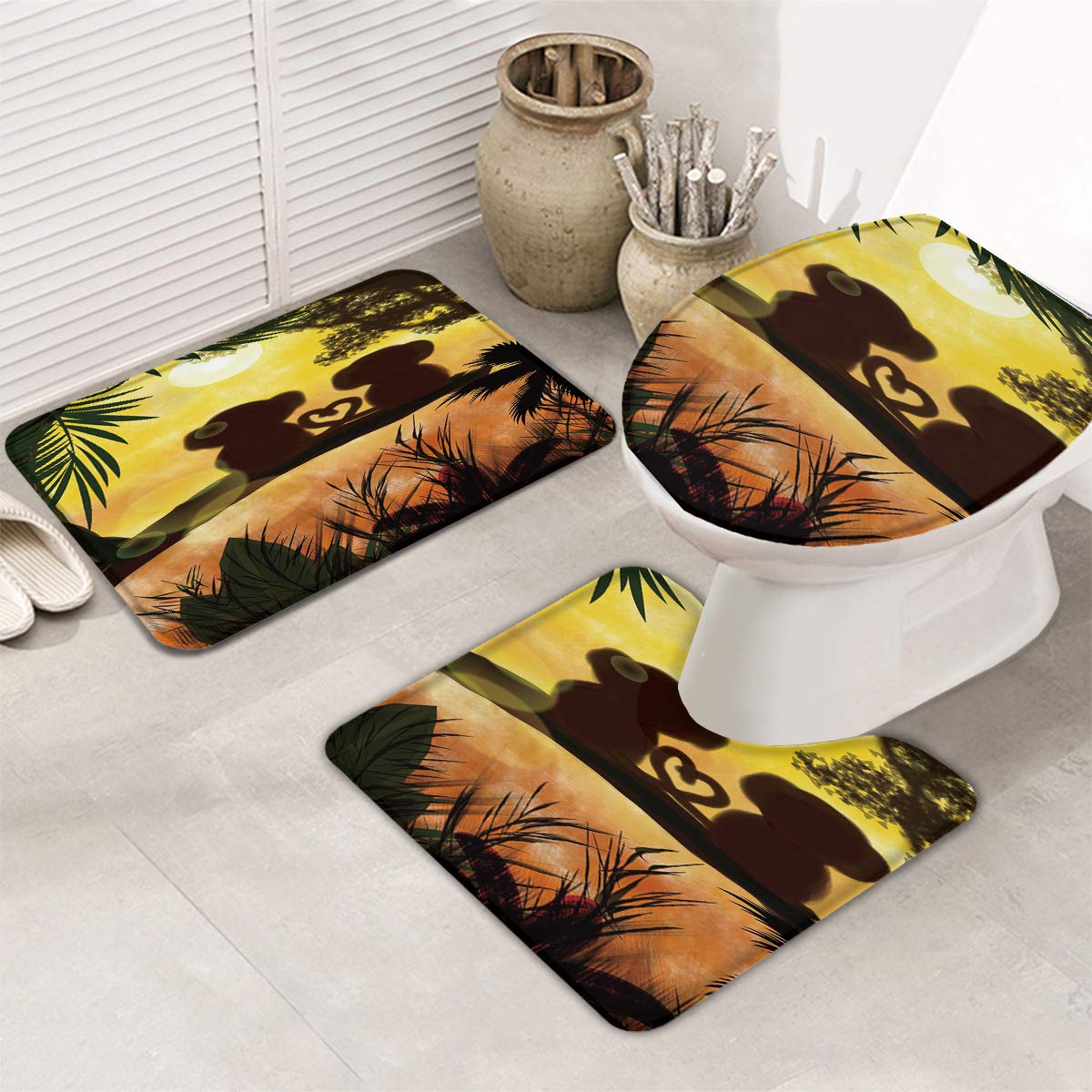 3-Piece Bath Rug and Mat Set - Non-Slip Bathroom Decor with Romantic Monkey Sunset Design - U-Shaped Toilet Floor Mats and Seat Cover - Jungle Forest Theme for Monkey Lovers - Perfect for Bathroom, Toilet, and Home Decor