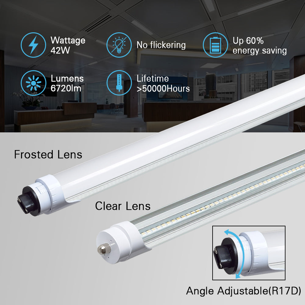 20 Pack 8Ft LED T8 Tube Lights - FA8 Base, 42W, 120-277V, 6720 Lumens, 5000K Daylight White, 110W Equivalent - Energy Saving LED Shop Lights for Warehouse, Garage, Office & Commercial Lighting