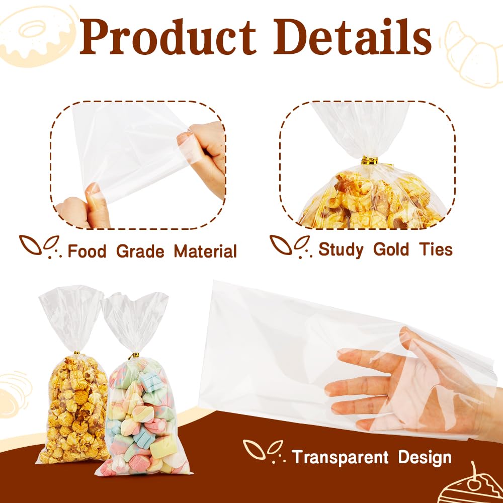 200 PCS Clear Cellophane Treat Bags 6x10 Inches with Gold Twist Ties - Perfect for Candy, Cookies, Party Favors, Wedding Favors, Birthday Gifts & Halloween Treats | Food Safe & Reusable Gift Packaging