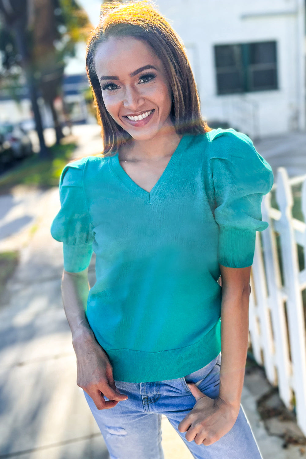 Be Bold Solid Emerald Shirred Puff Sleeve Sweater Top | Women's Fashion Knitwear | Perfect for Fall Outfits & Holiday Parties