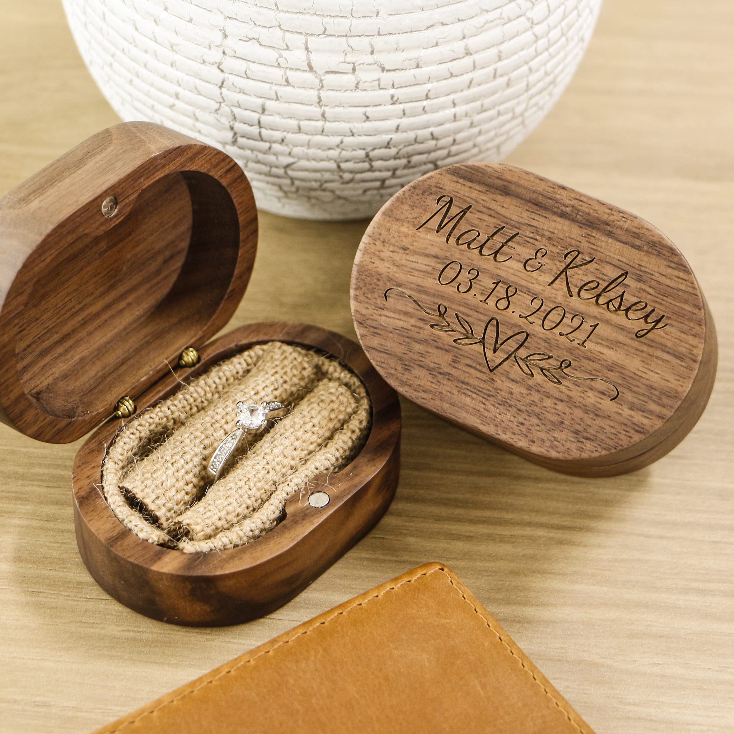 Personalized Wooden Wedding Ring Box - Custom Engraved Square Double Ring Box for Engagement & Proposal - Elegant Jewelry Gift Box for Couples, Anniversaries & Special Occasions