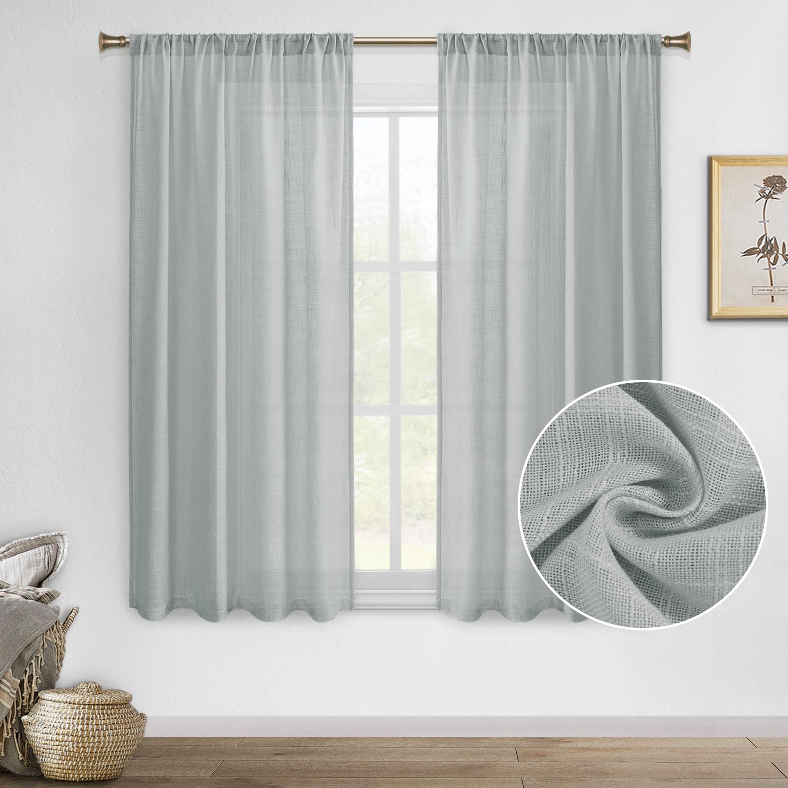 DWCN Grey Sheer Curtains - Faux Linen Textured Rod Pocket Window Panels (Set of 2, 52x45 Inches) for Living Room, Bedroom & Office - Light Filtering Semi Voile Drapes for Privacy & Natural Light