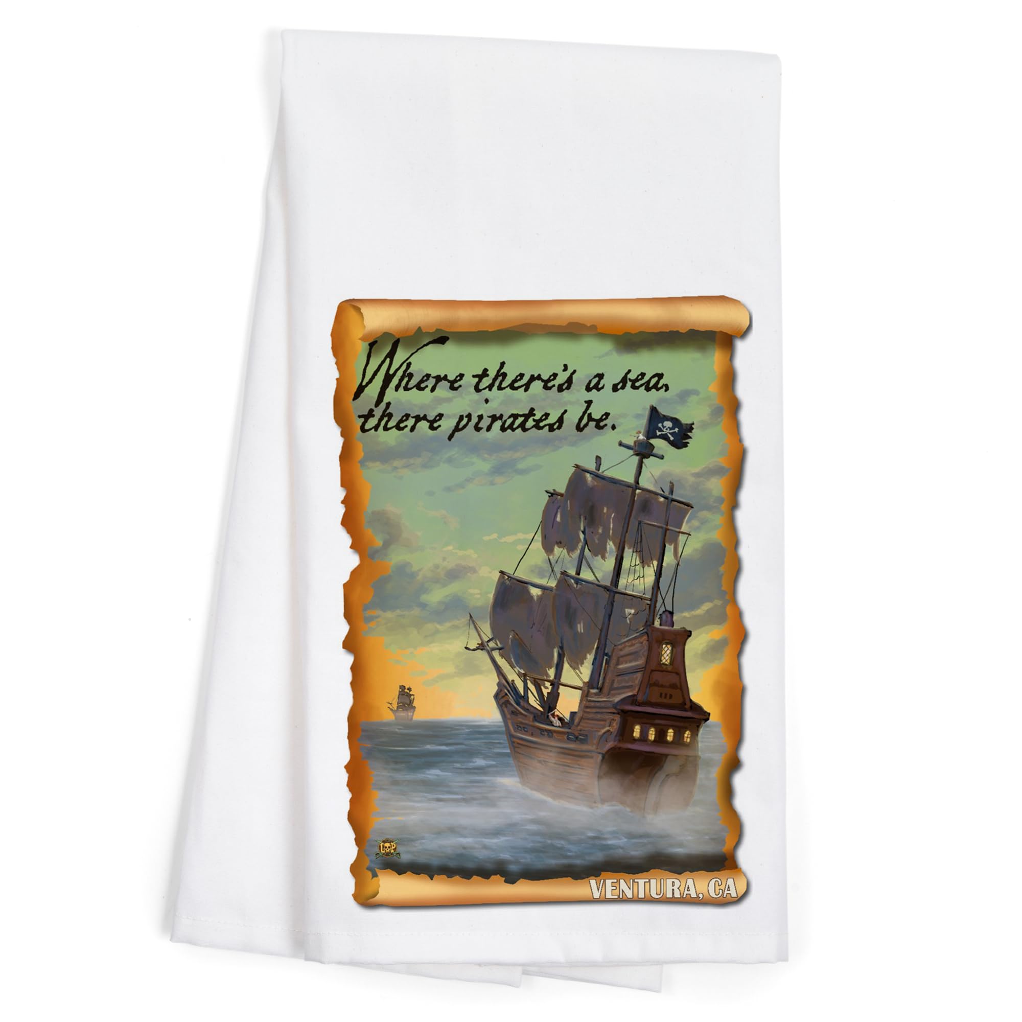 Lantern Press Ventura California Pirate Ship 100% Cotton Tea Towel - Decorative Hand Towel for Kitchen, Home Decor & Coastal Themed Gifts - Perfect for Beach Houses, Nautical Bathrooms & Cottage Style Kitchens